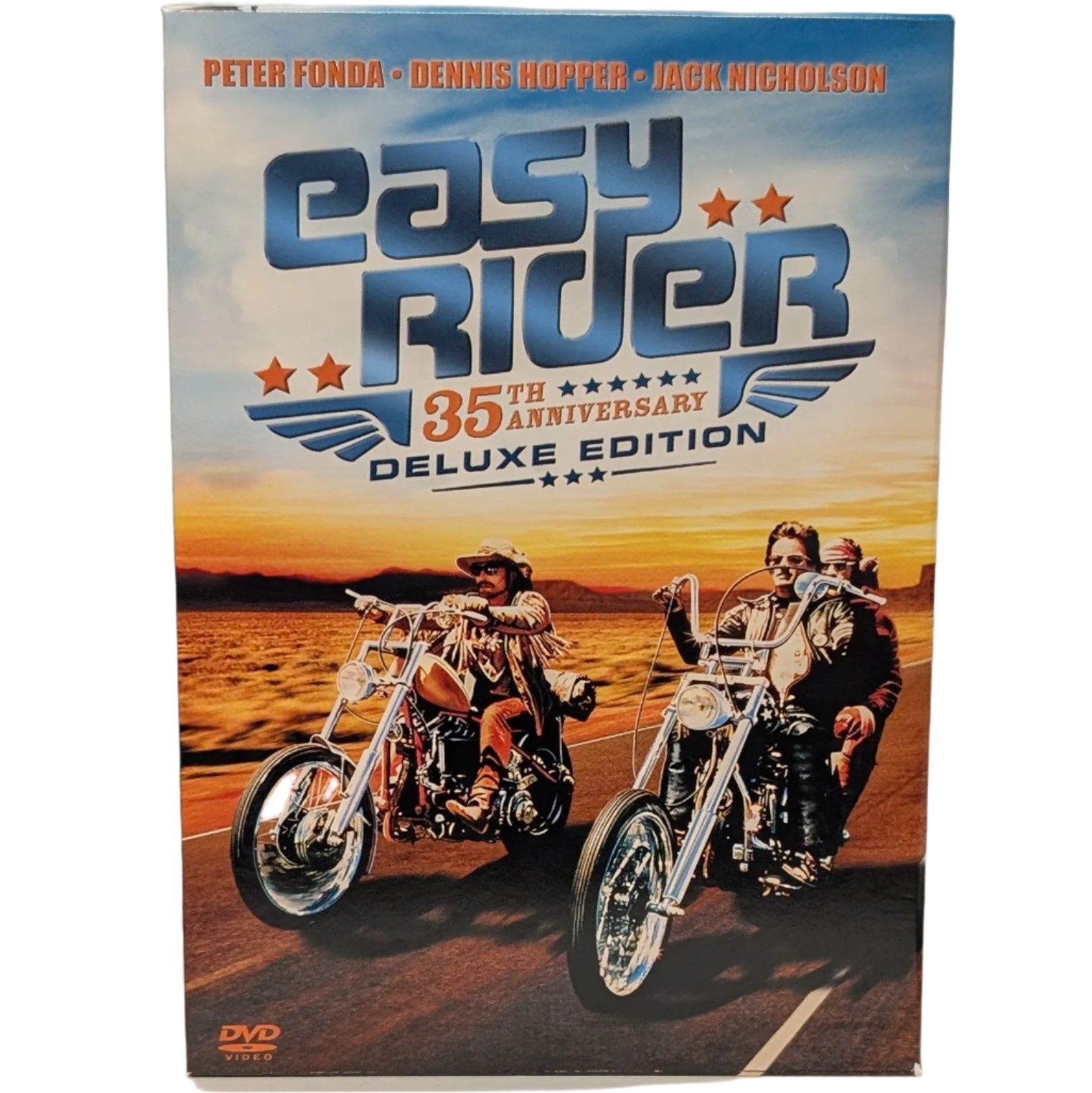 DVD cover of 'Easy Rider' 35th Anniversary Deluxe Edition with three people on motorcycles.
