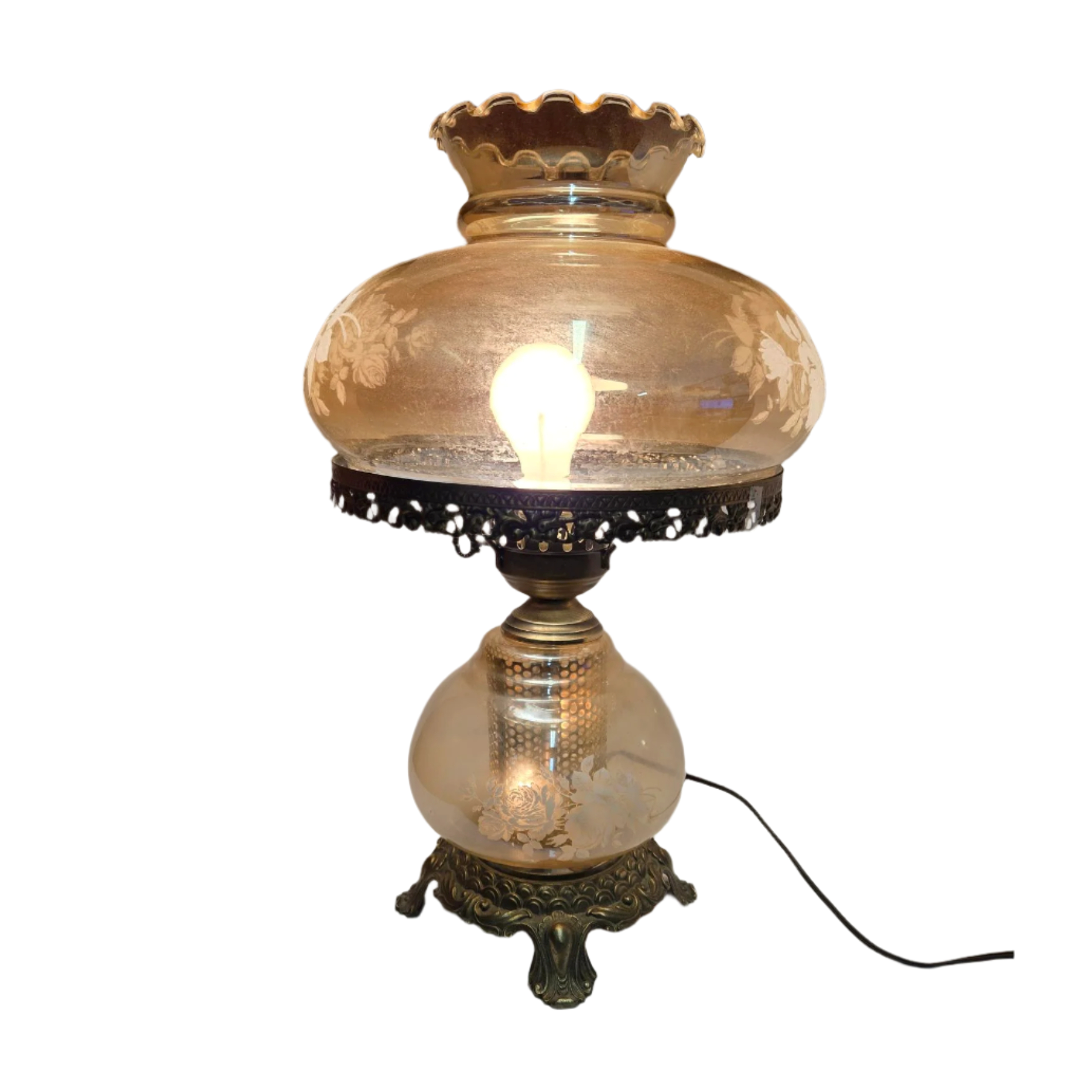 Large Victorian Gone With the Wind Hurricane Amber ruffled Shade Double Globe White Rose Parlor Lamp