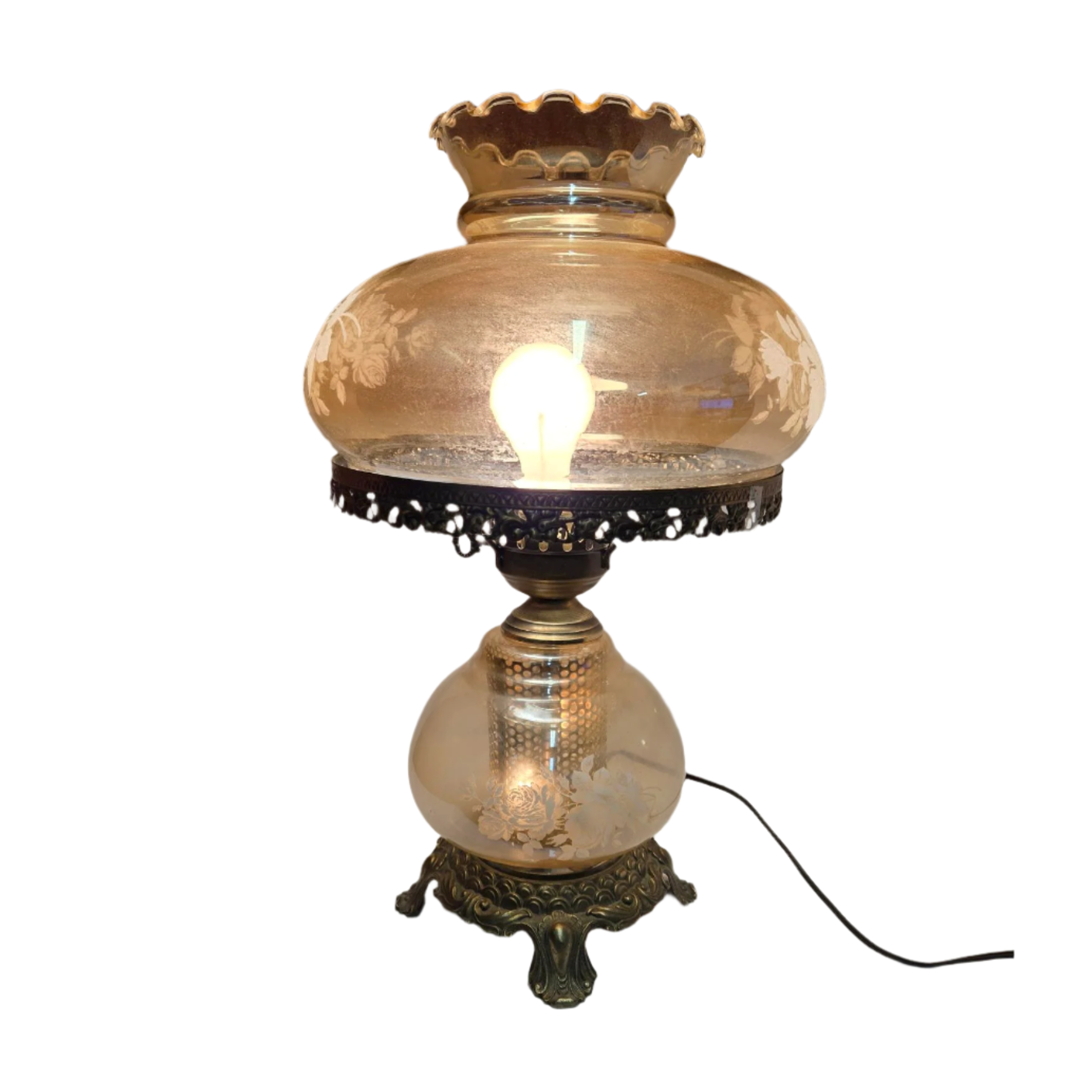 Large Victorian Gone With the Wind Hurricane Amber ruffled Shade Double Globe White Rose Parlor Lamp