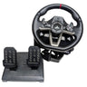Gaming steering wheel and pedals set on a white surface