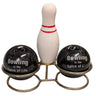 Bowling-themed salt & pepper set with balls and a pin on a white surface