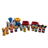 Toy train set with animated character figures on a white background