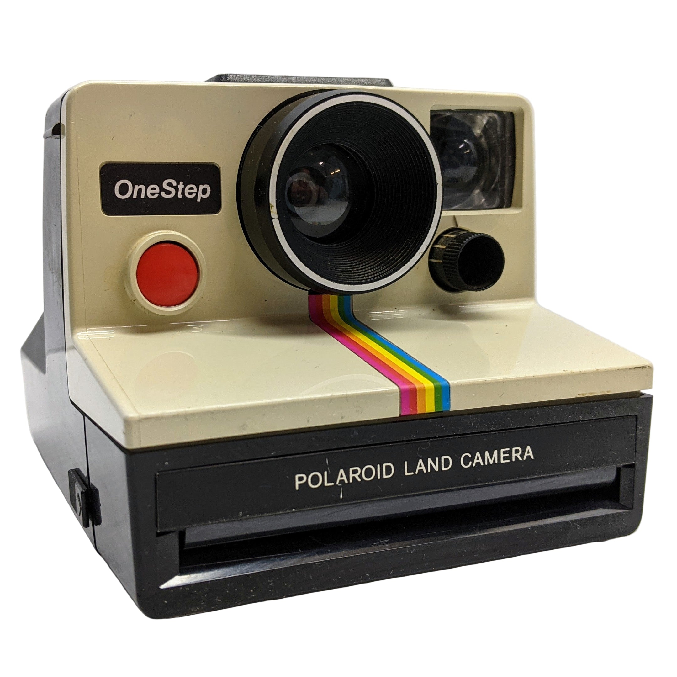 A vintage Polaroid OneStep Instant Camera with a colorful striped panel, black and white body, and a visible film window.