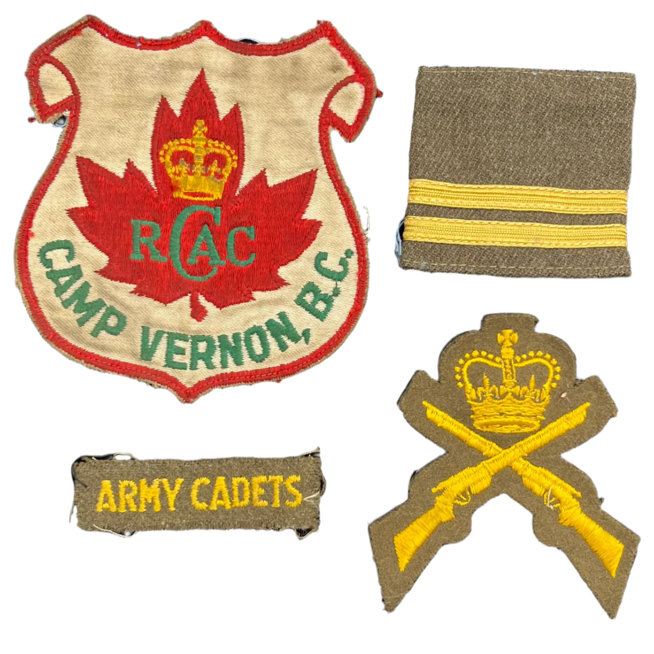 A collection of vintage Royal Canadian Army Cadets badges from the 1970s, including a red badge with a maple leaf, a blue badge with 'CAMP VERNON, B.C.