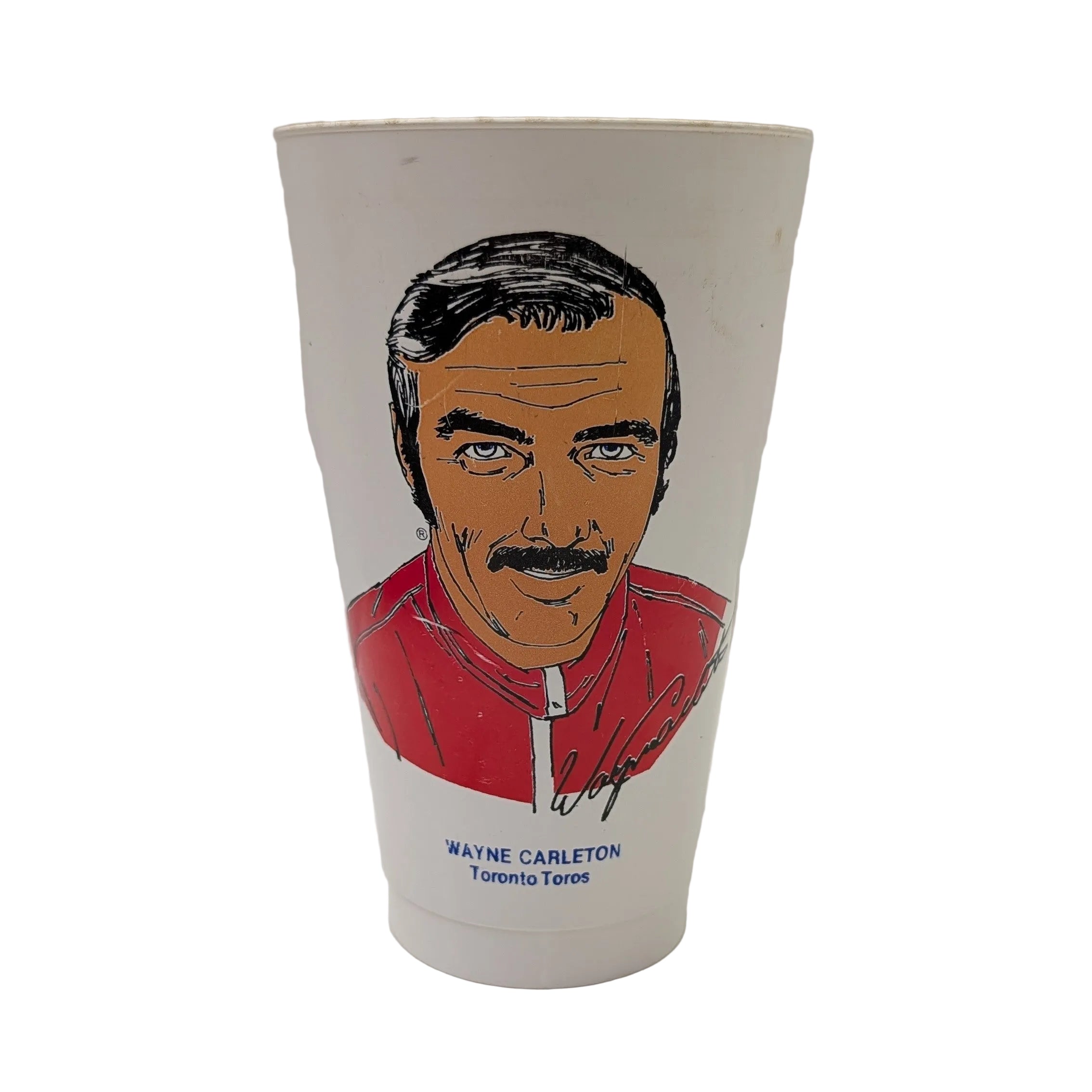 Plastic cup with a portrait of a man in a red jacket on a white background