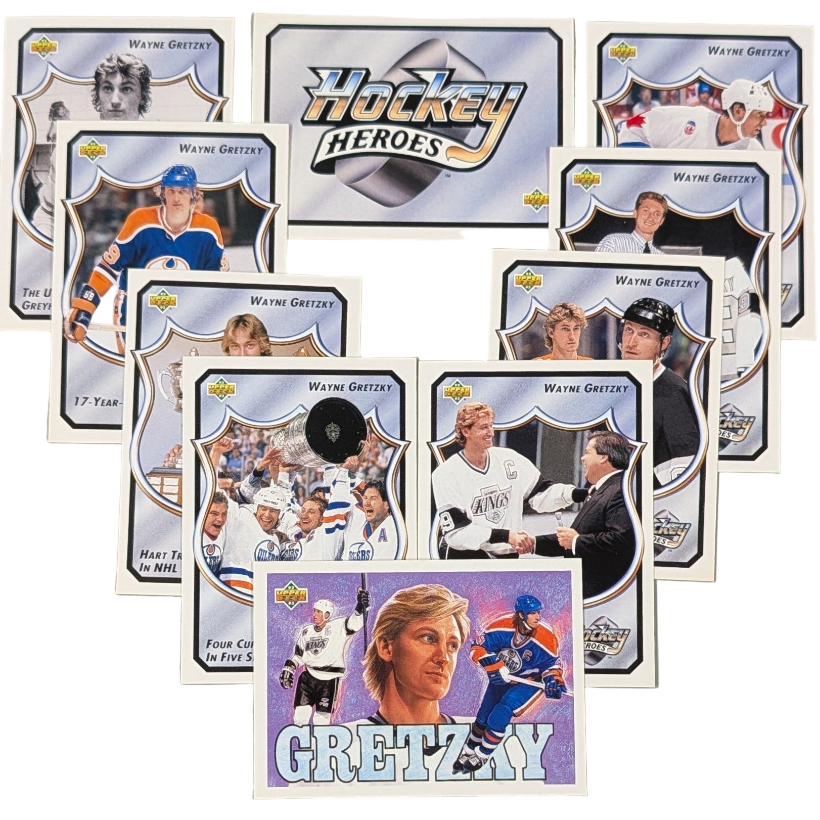 Collection of hockey trading cards featuring Wayne Gretzky on a white background