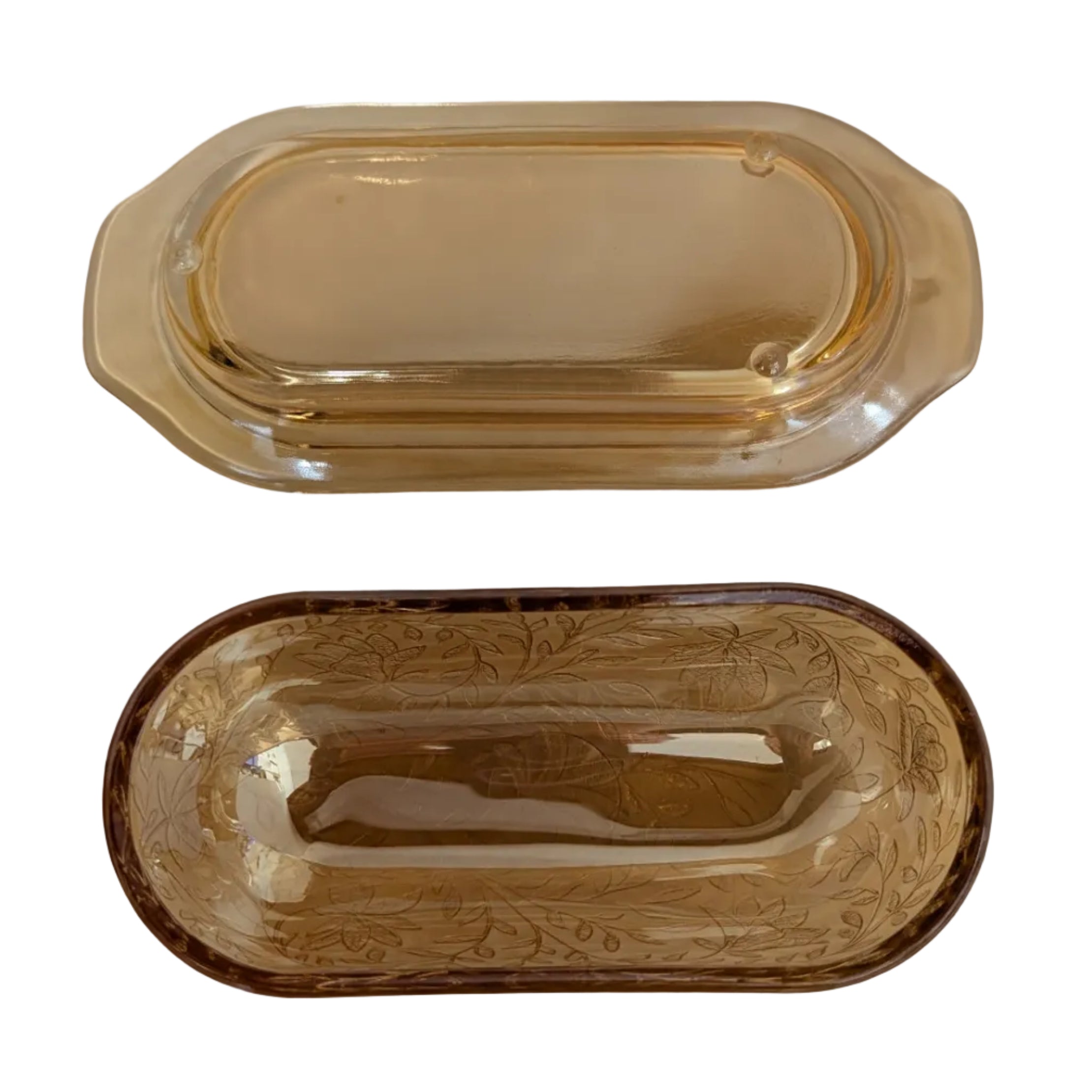 Vintage Jeanette Glass Floragold Iridescent Butter Dish