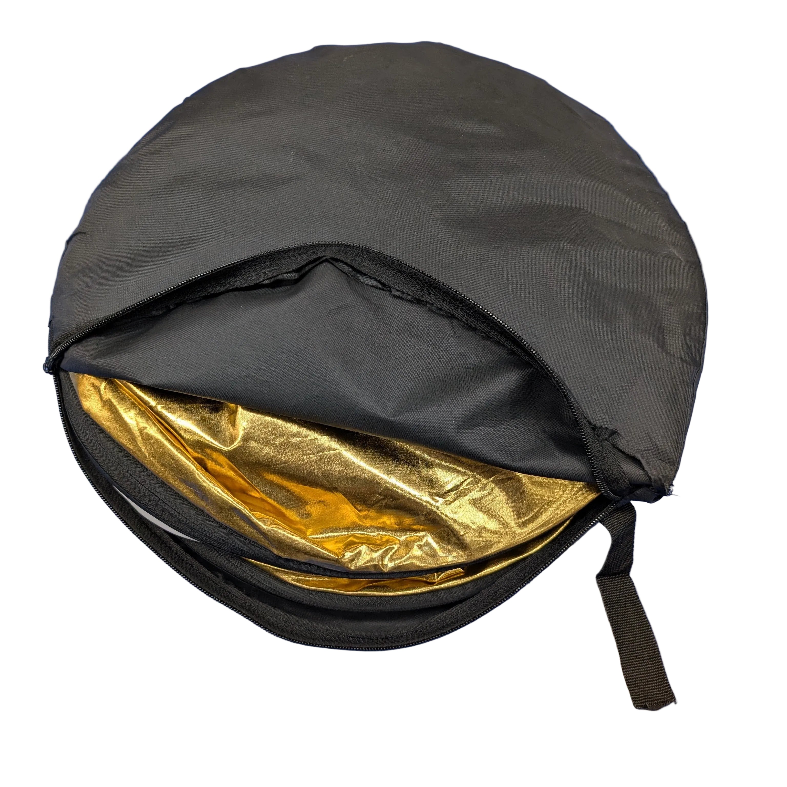 A round black soft-sided accessory with a gold reflective interior lining, shown open on a white background.