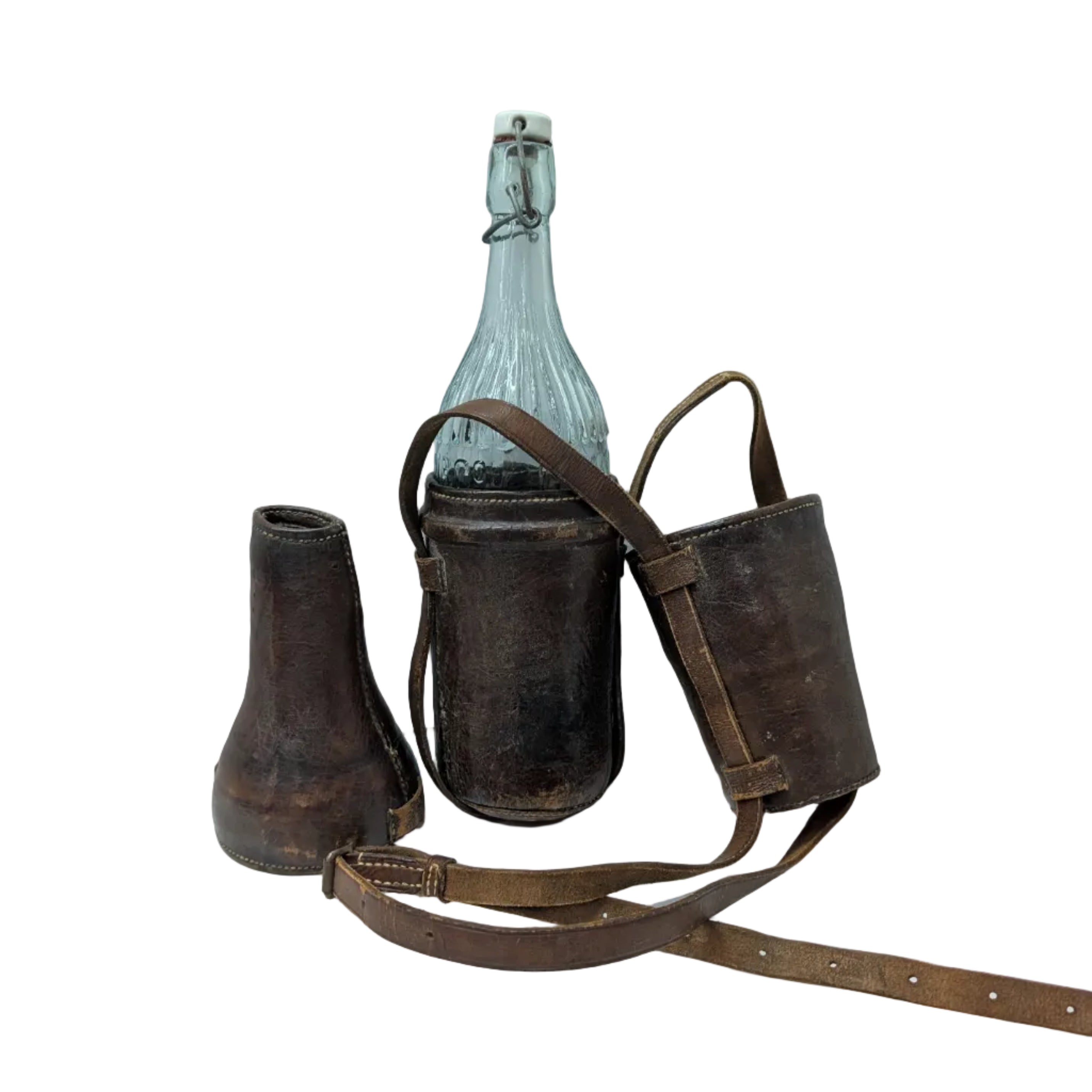 Antique Bottle & Leather Flask Set
