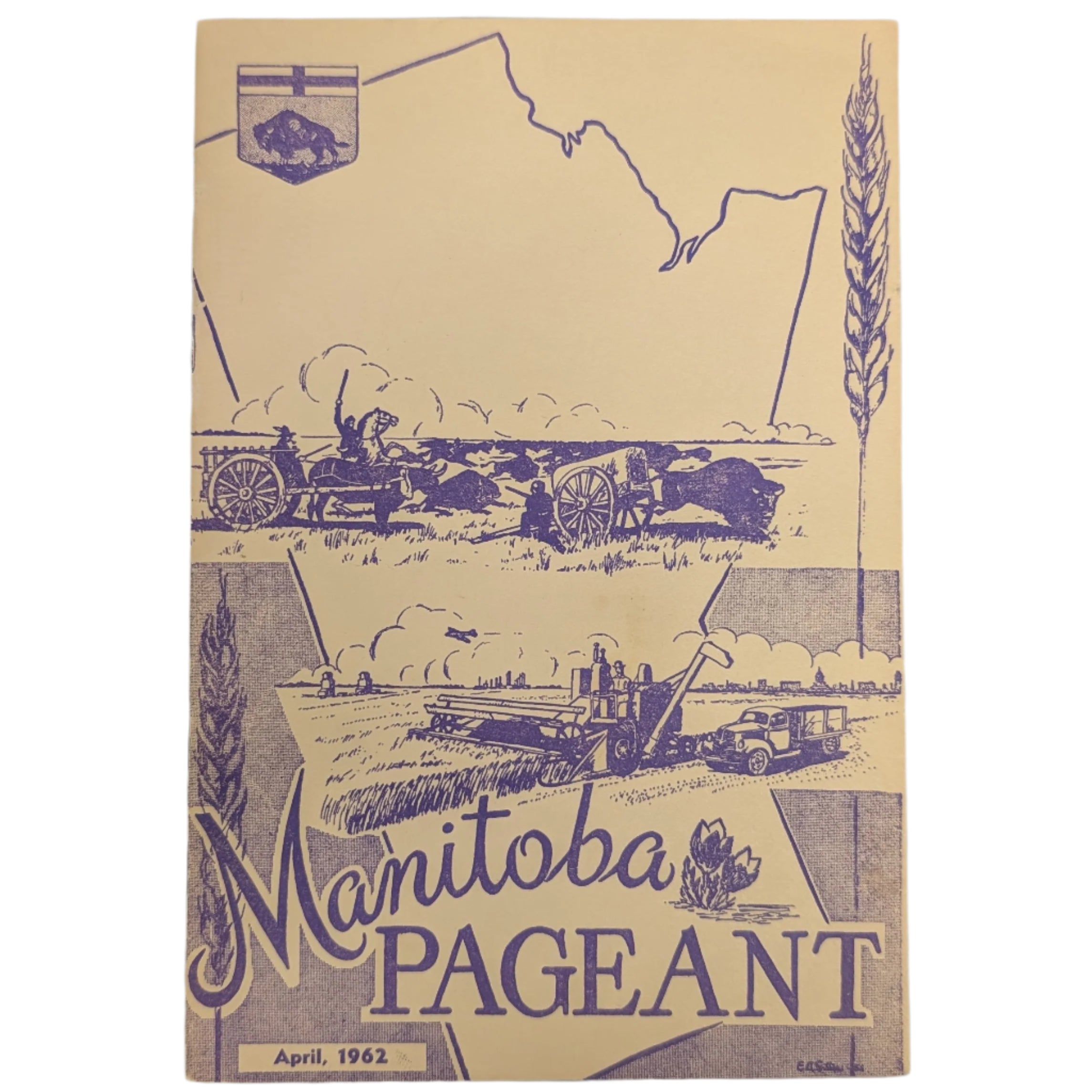 Manitoba Pageant cover from April 1962 with illustrations of a steamboat, wheat, and a map on a white background.