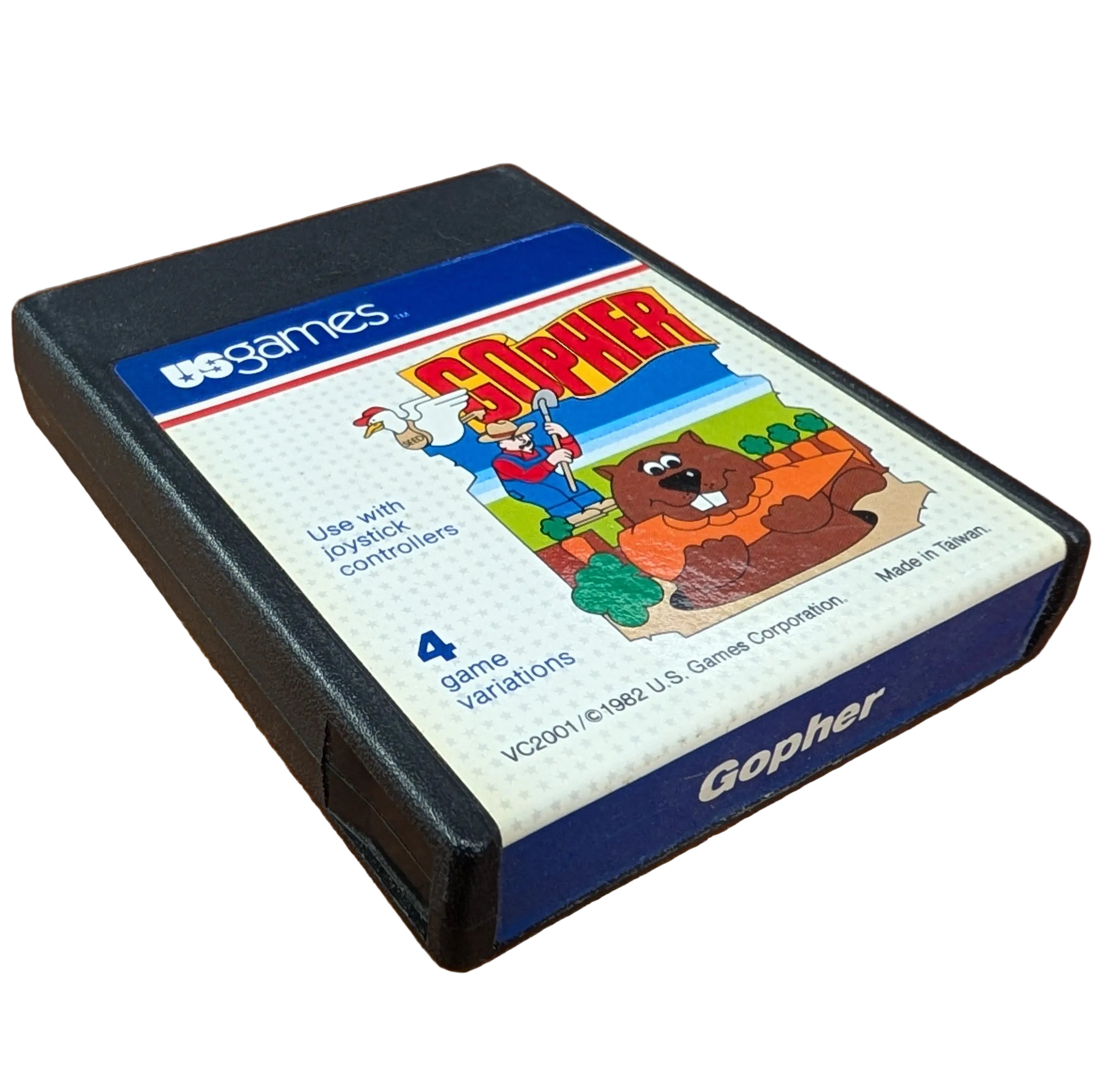 Vintage 'Gopher' game cartridge by U.S. Games Systems on a white surface