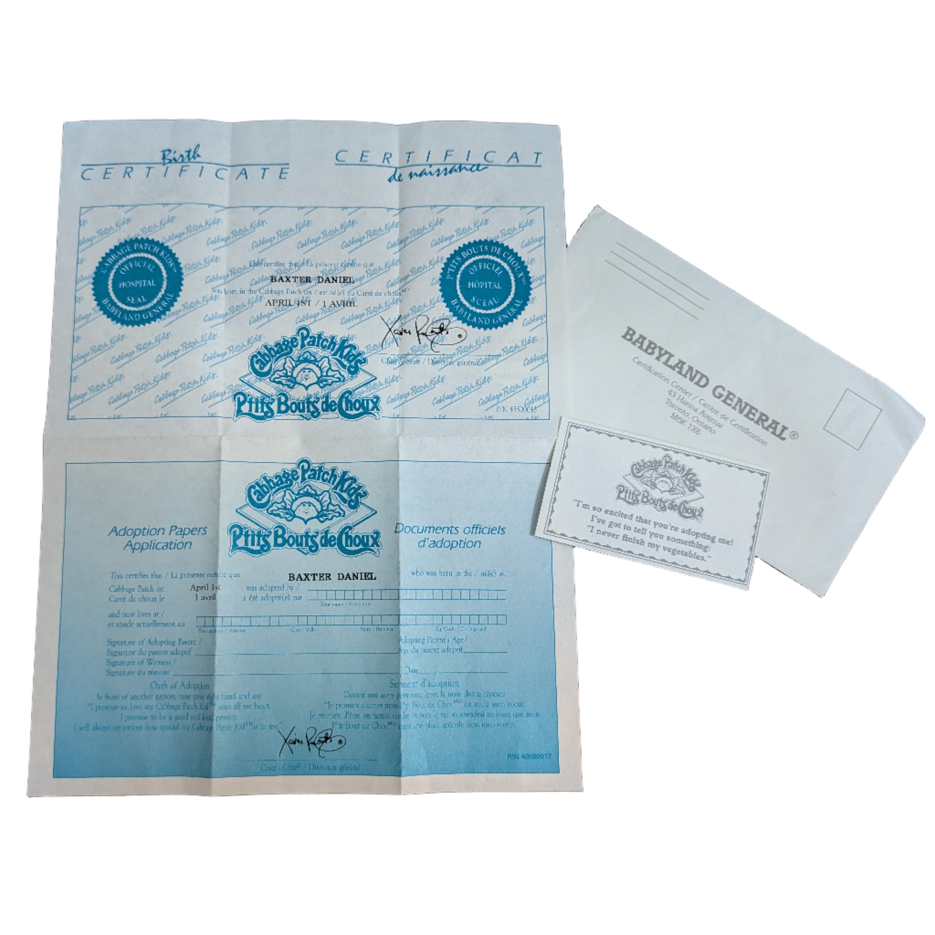 Cabbage Patch Kids Birth Certificate and Adoption Papers for Baxter Daniel