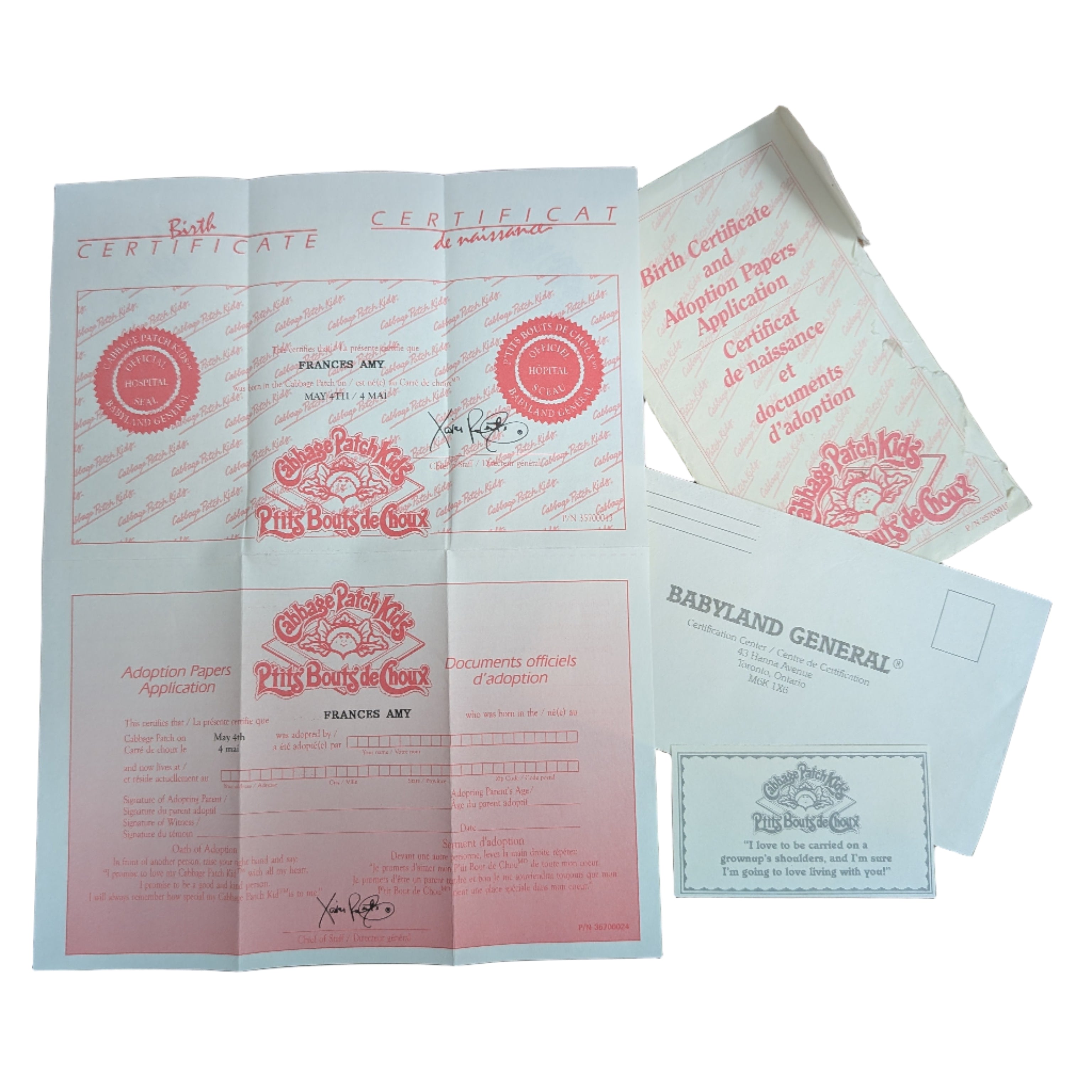 Cabbage Patch Kids Birth Certificate and Adoption Papers for Frances Amy