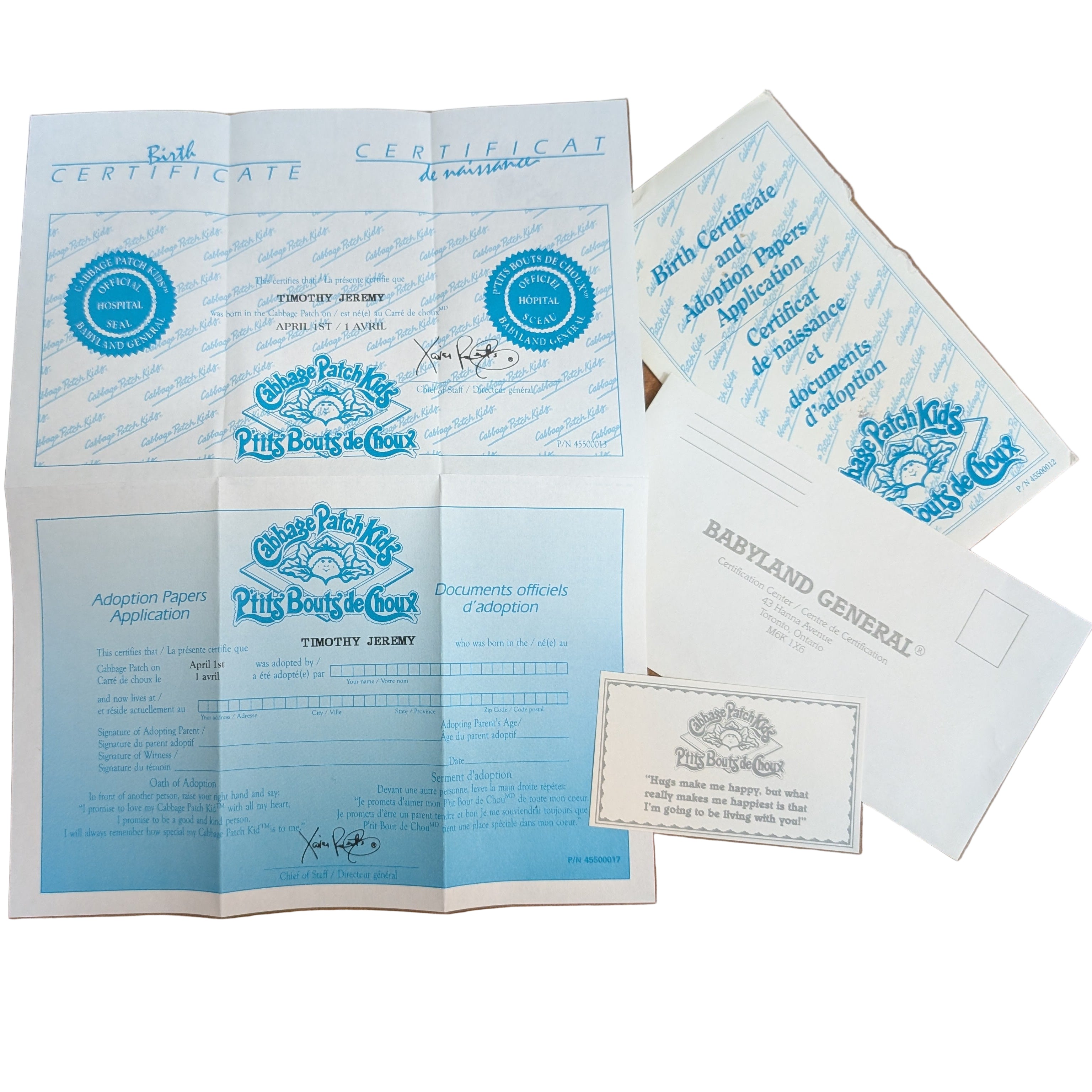 Cabbage Patch Kids Birth Certificate and Adoption Papers for Timothy Jeremy
