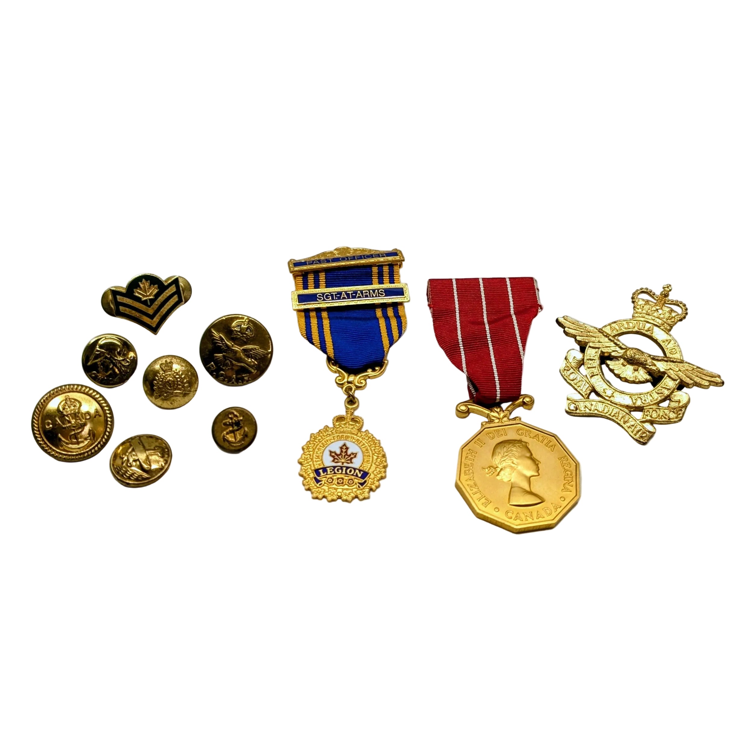 Collection of medals and badges on a white background