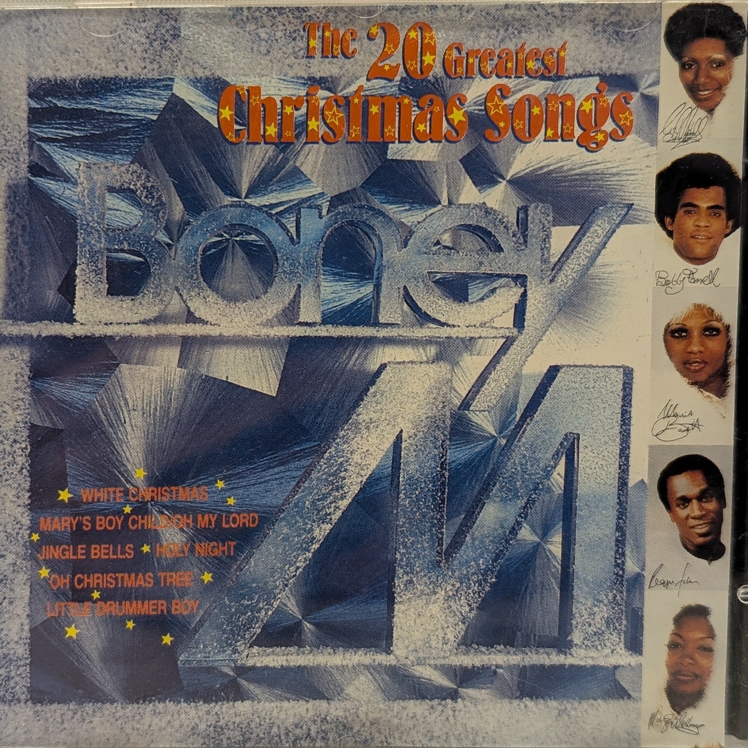 CD cover for 'The 20 Greatest Christmas Songs' featuring a large stylized 'Boney M.' logo in icy blue and white geometric lettering, with orange title text and small portrait photos of artists along the right side.