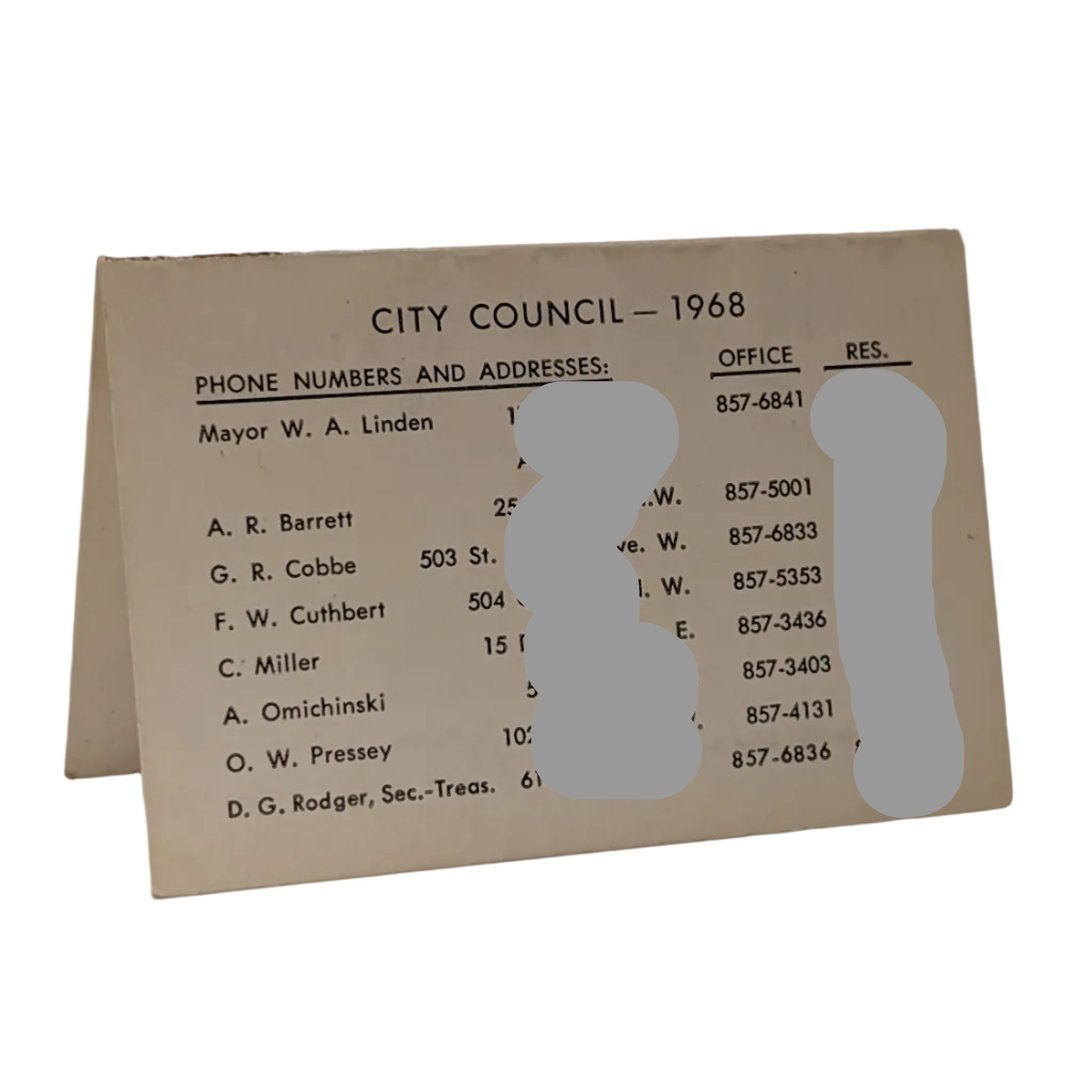 City of Portage La Prairie City Council - 1968 Business Card