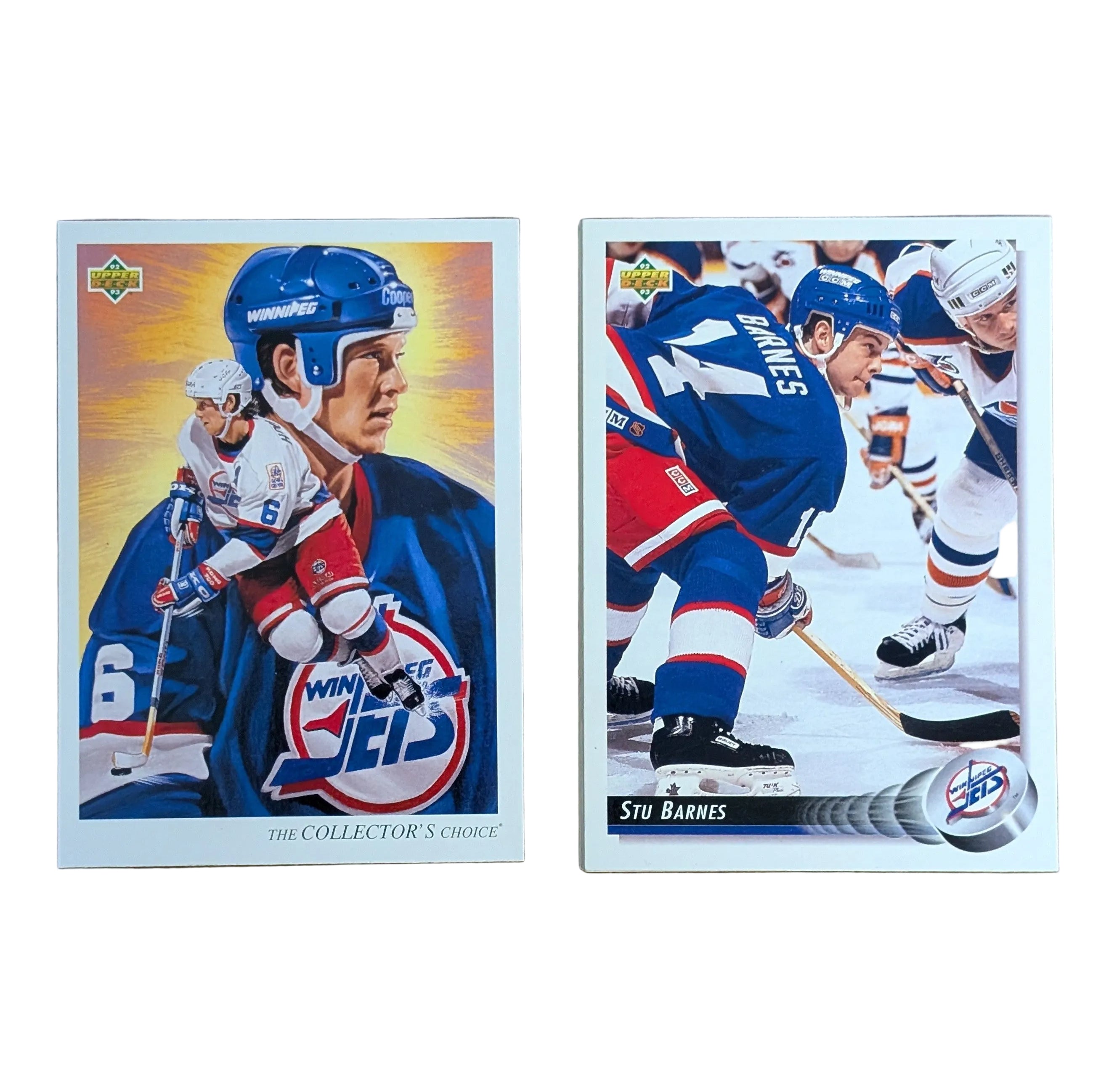 Two vintage 1994-1995 Upper Deck hockey trading cards displayed side-by-side on a white surface. The left card is the 'The Collector's Choice' card featuring Phil Housley in a Winnipeg Jets uniform.