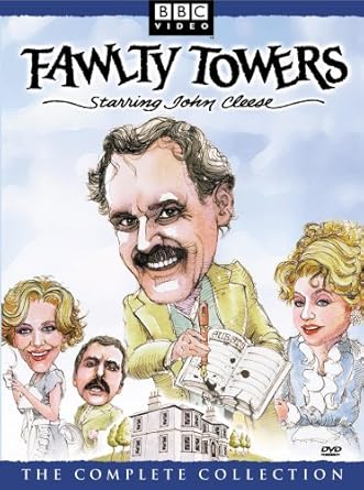 Cover of 'Fawlty Towers' complete collection featuring caricatures of characters and John Cleese.