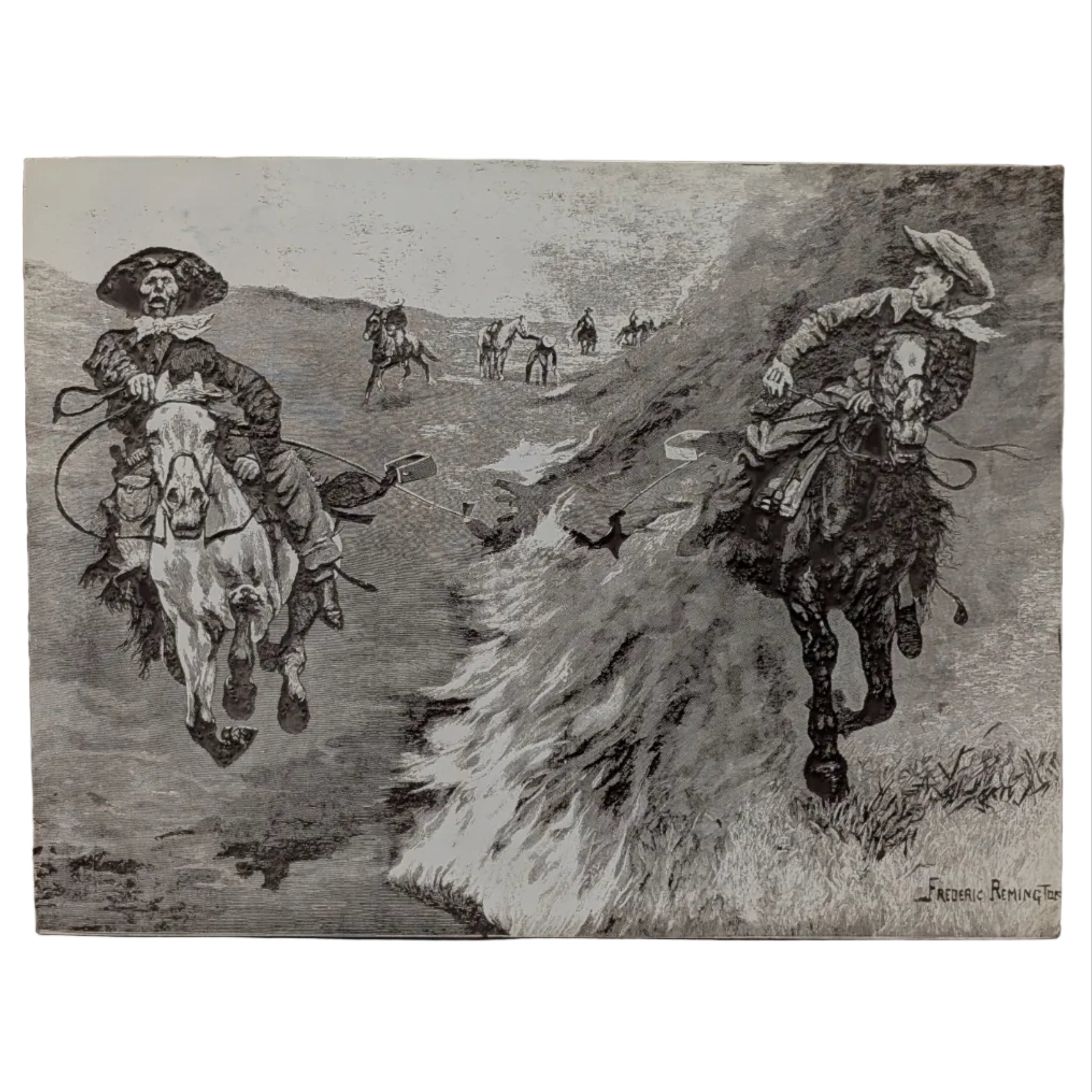 Frederic Remington — "Dragging a Bull's Hide over a Prairie Fire in Northern Texas"