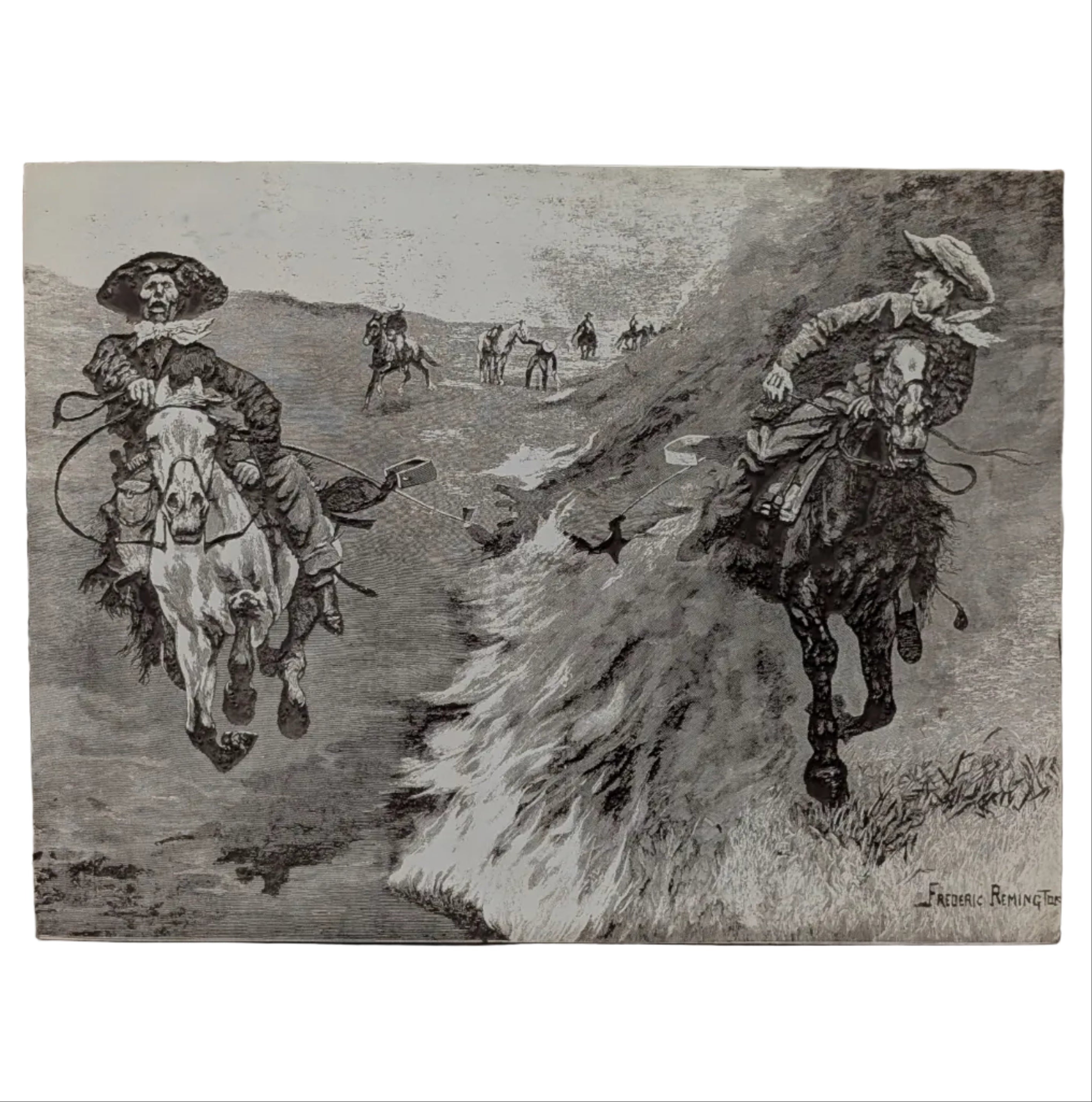 Frederic Remington — "Dragging a Bull's Hide over a Prairie Fire in Northern Texas"