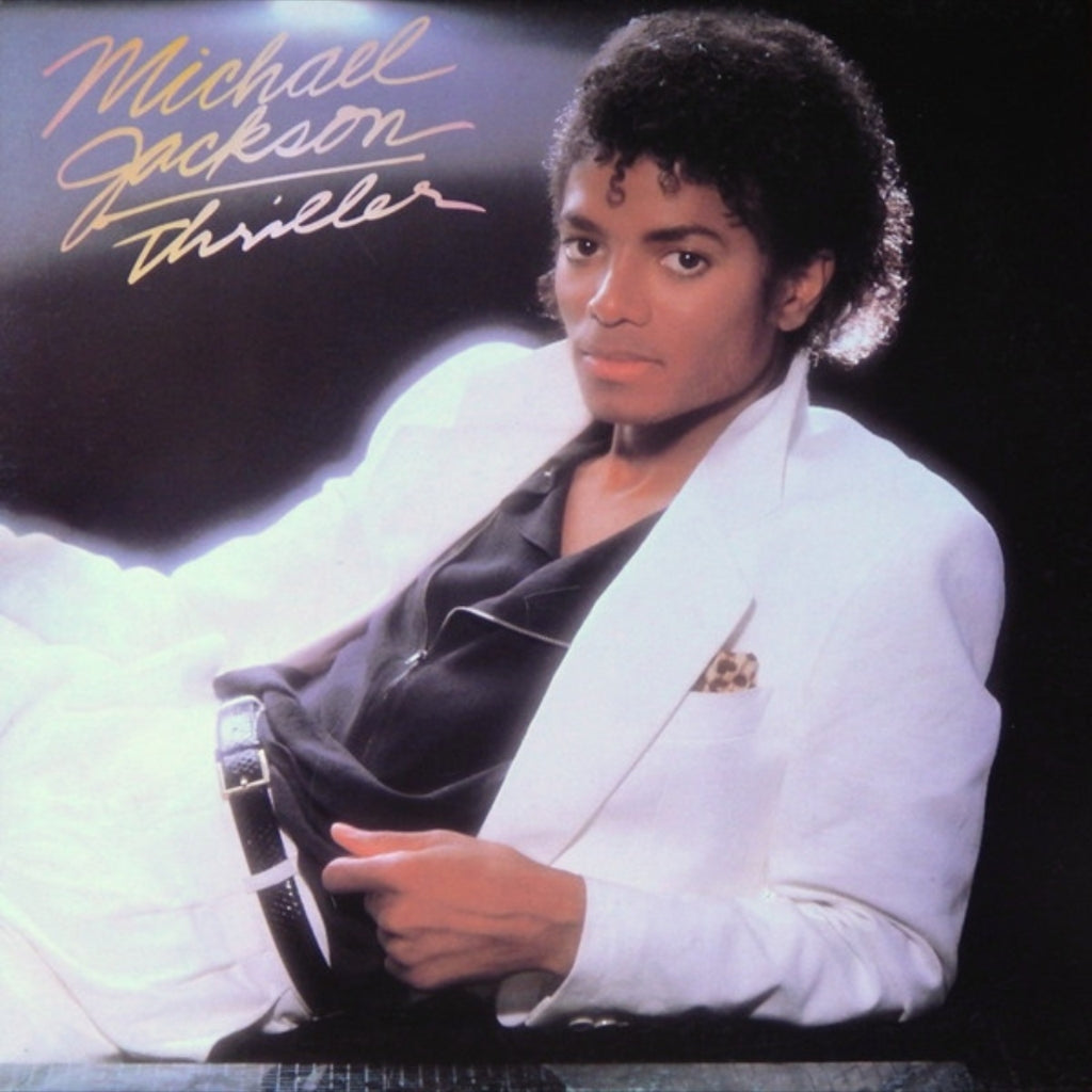 Album cover featuring Michael Jackson with text 'Michael Jackson Thriller' on a dark background