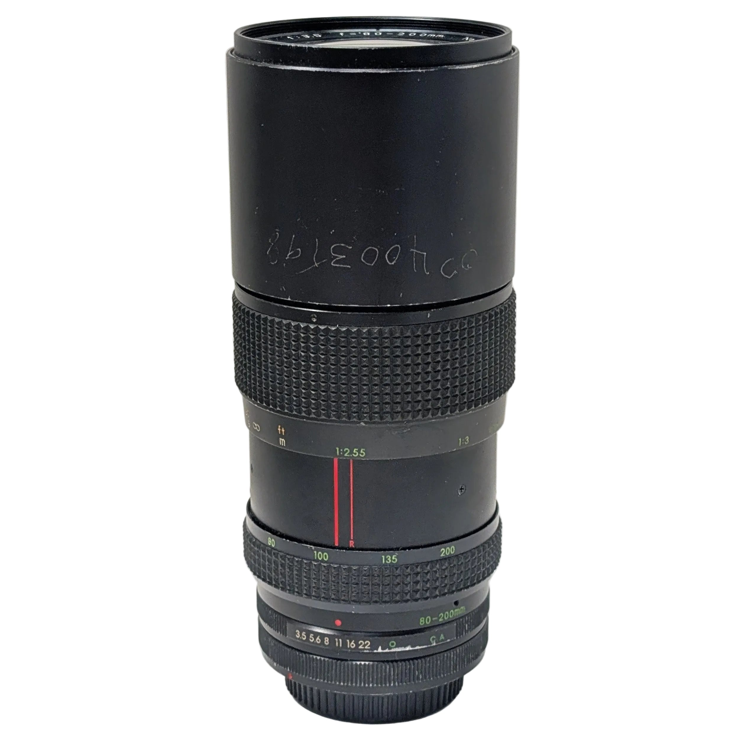Camera lens with focus and diaphragm controls on a white background
