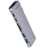 A silver aluminum adapter with multiple ports including USB 3.0 and USB-C