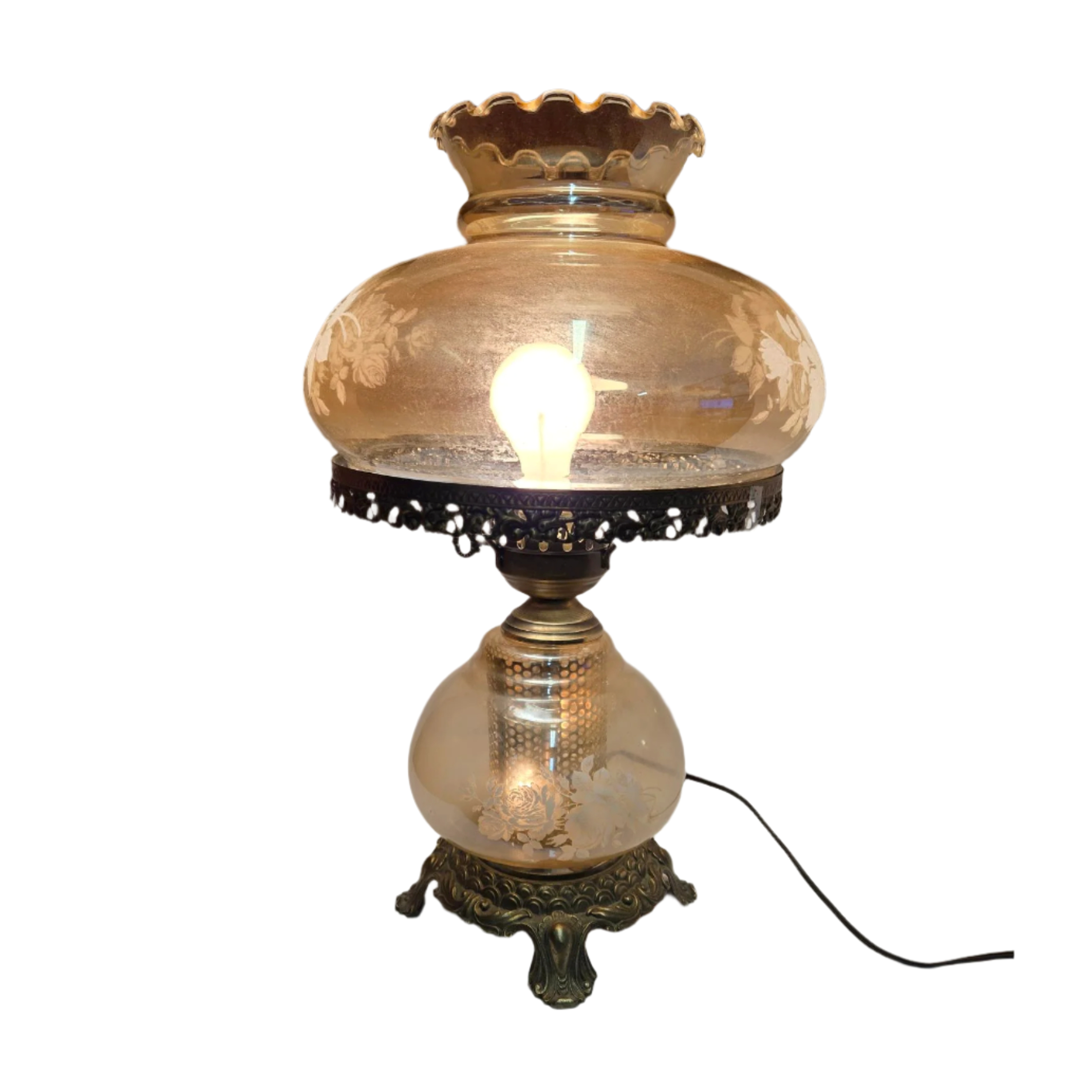 Large Victorian Gone With the Wind Hurricane Amber ruffled Shade Double Globe White Rose Parlor Lamp