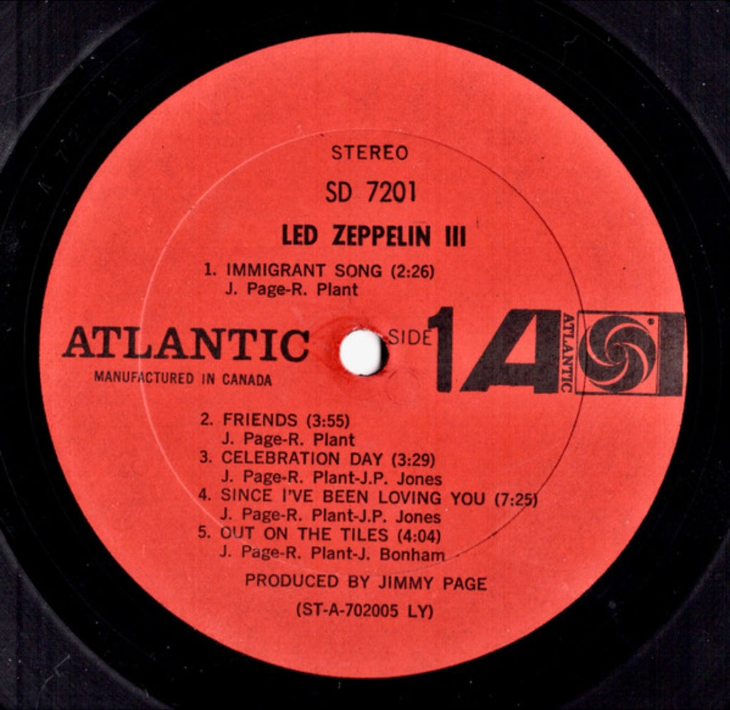 Record label of Led Zeppelin III album with tracklist and Atlantic Records branding.