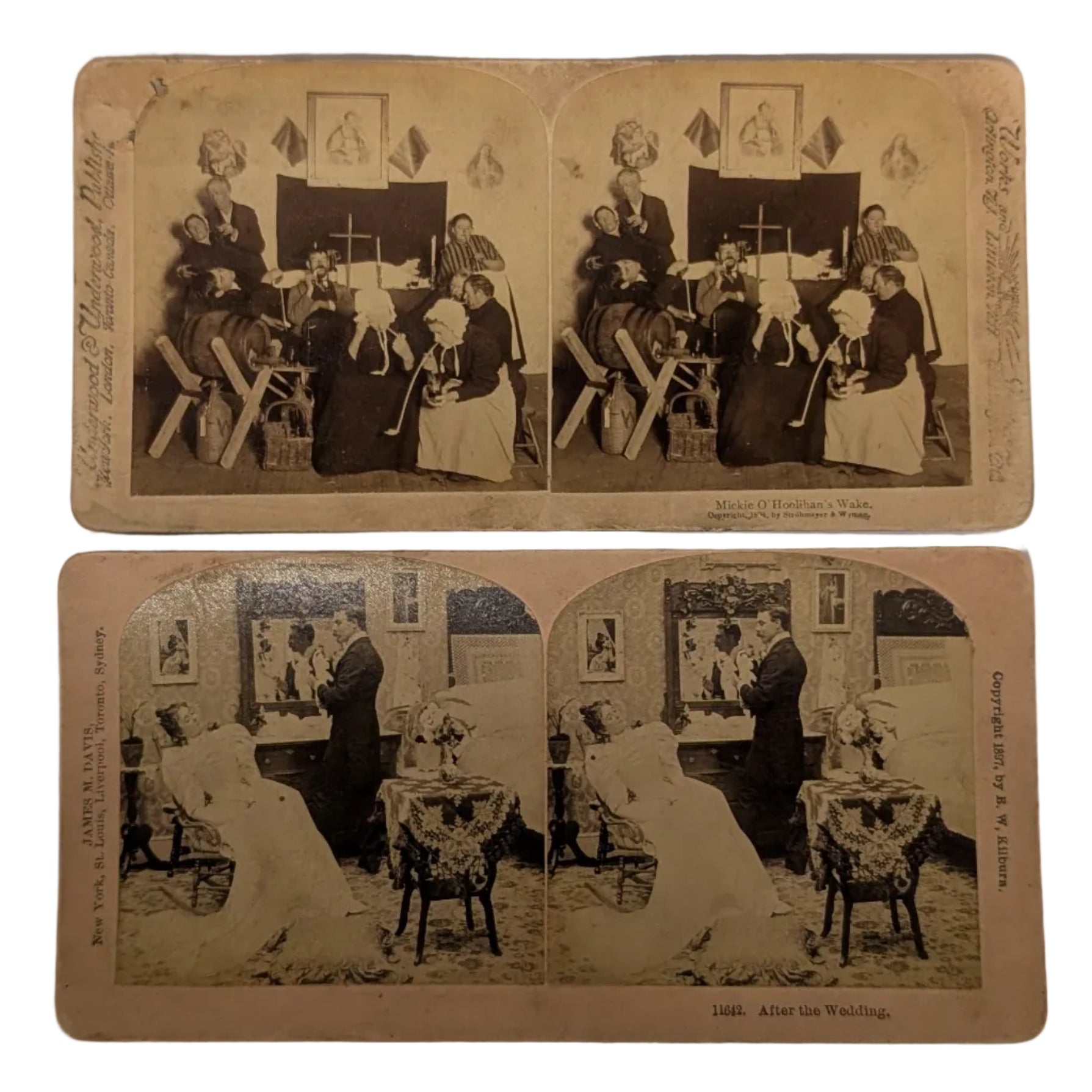 Lot of 2 Stereographs — "Mickie O'Hollhan's Wake" & "After the Wedding"