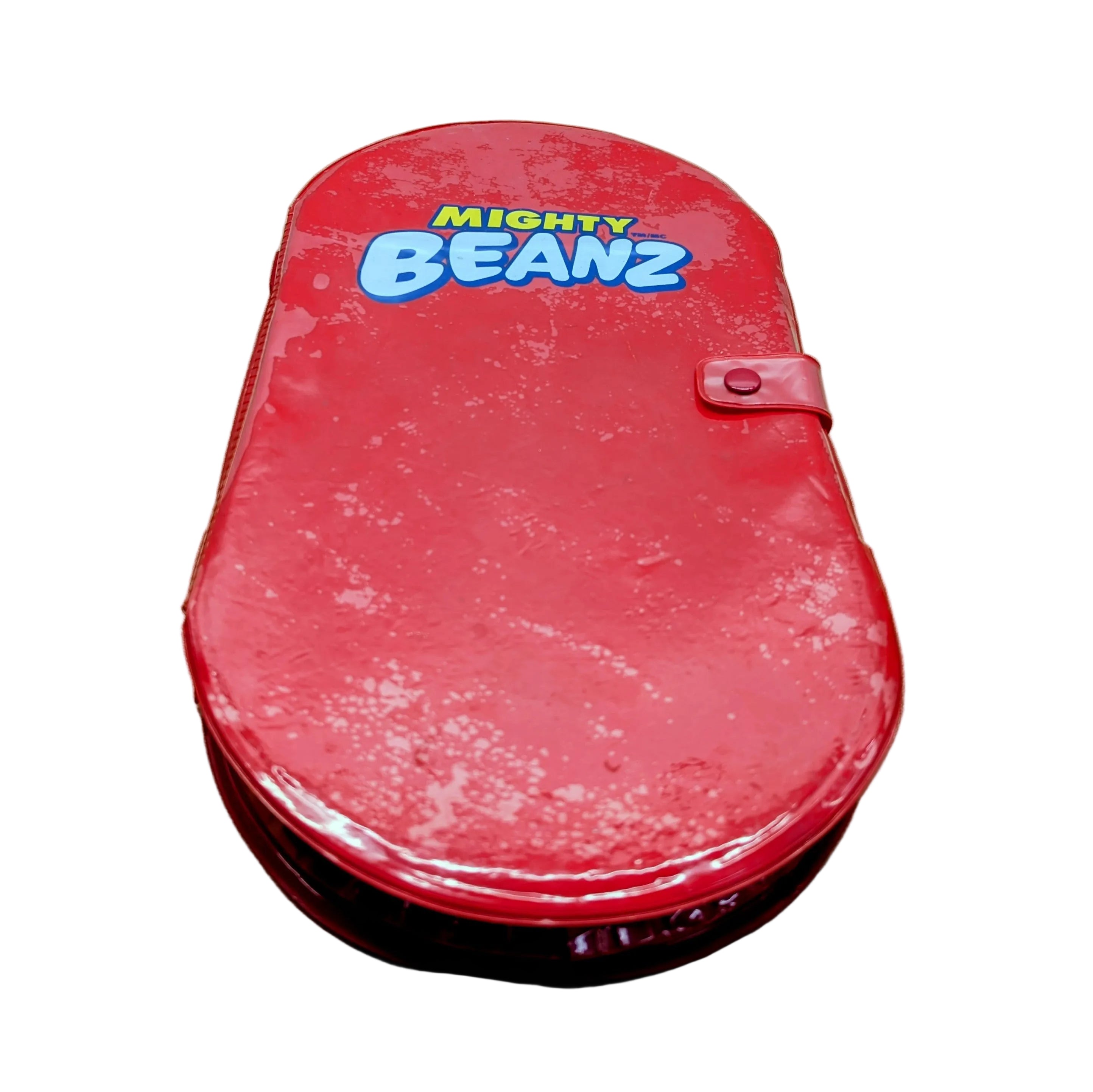 Red container with 'Mighty Beanz' branding on a white surface