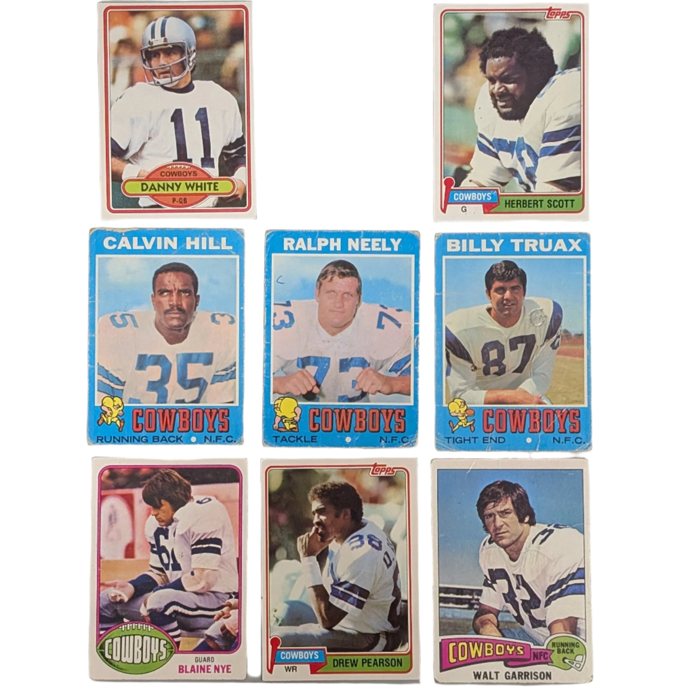 Collection of vintage football trading cards featuring players from the Dallas Cowboys on a white background.