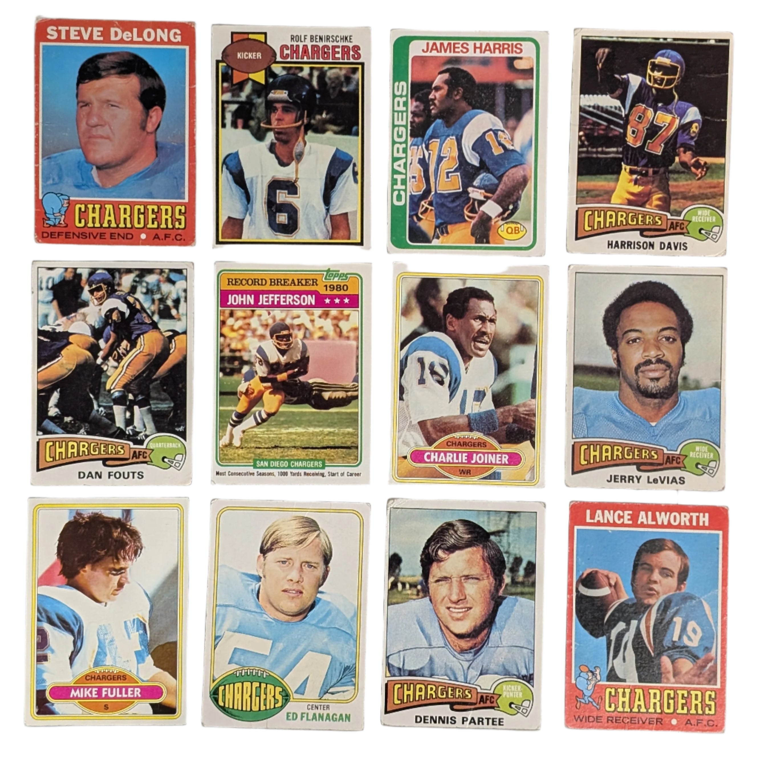 Collection of vintage football trading cards featuring various players and teams on a white background.