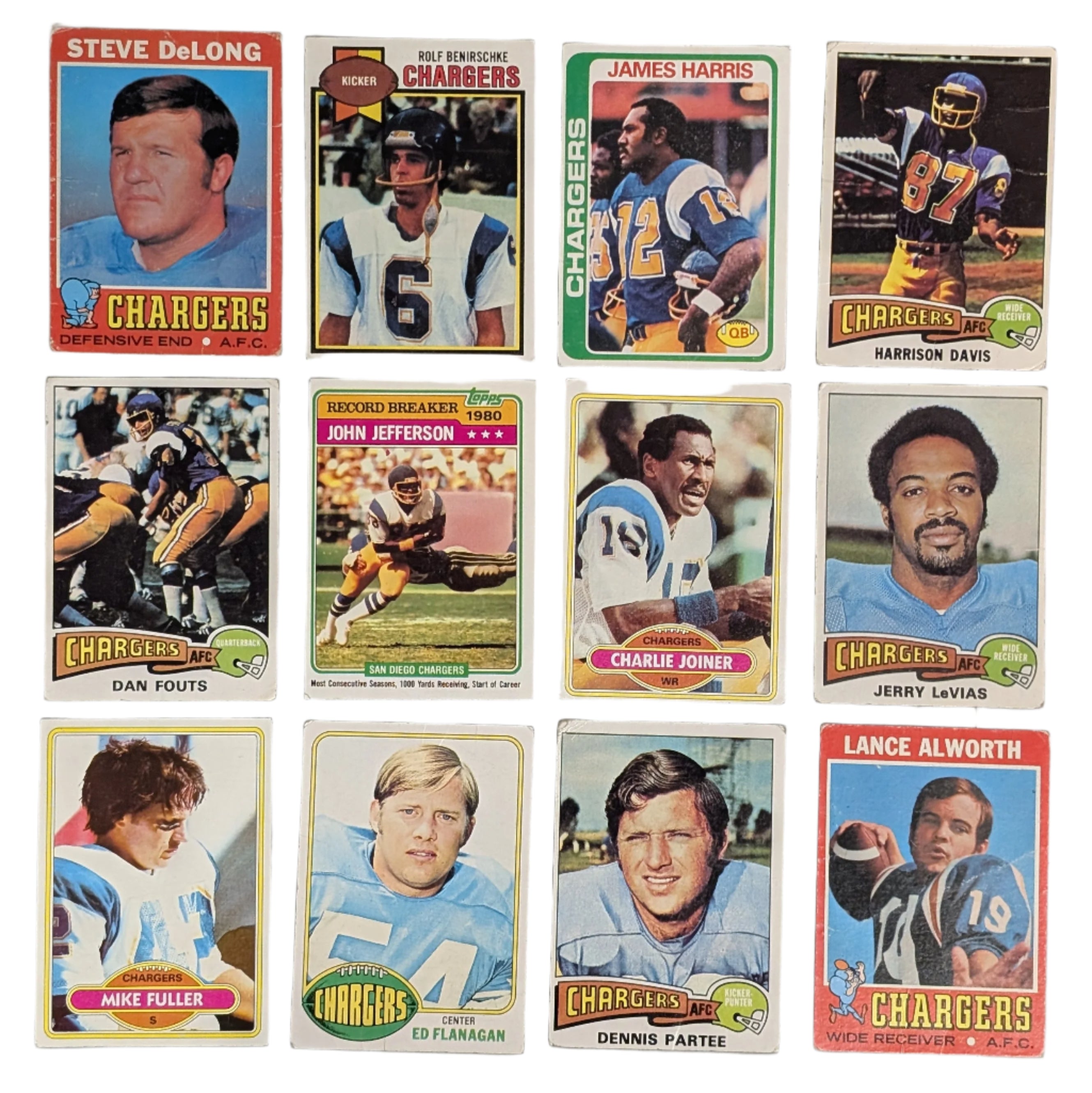 Collection of vintage football trading cards featuring various players and teams on a white background.