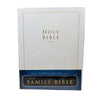 NIV Family Bible with white cover and blue banner on a beige surface