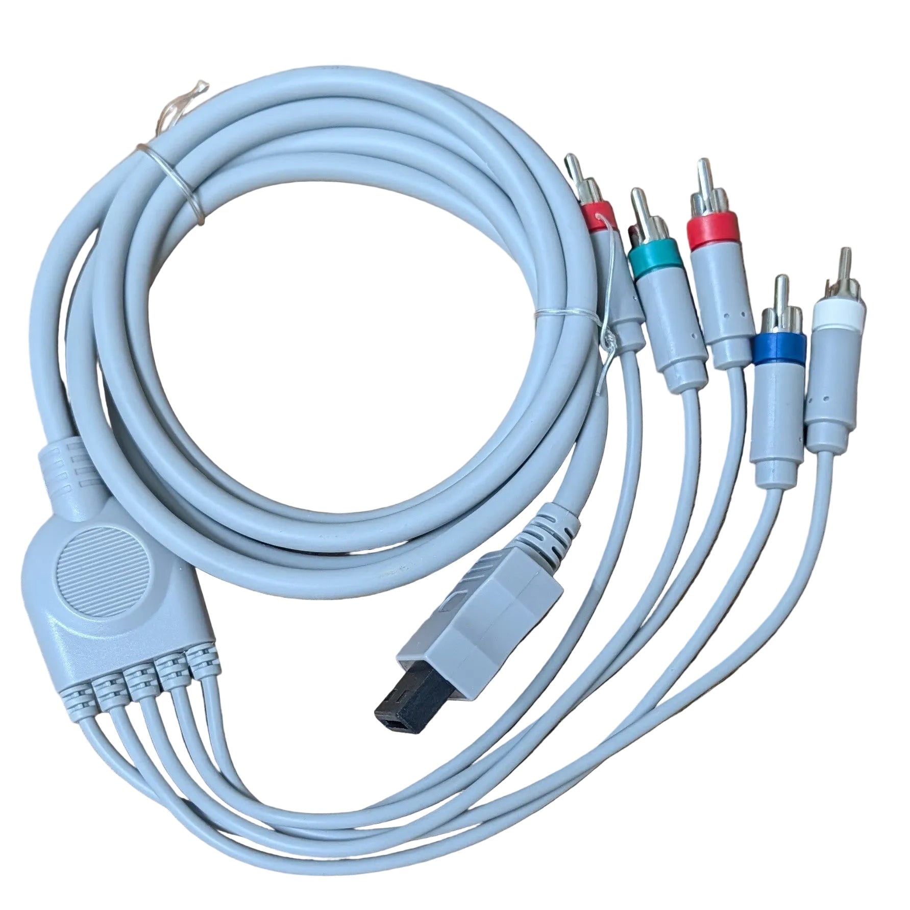 Coiled cable with multiple connectors on a white surface