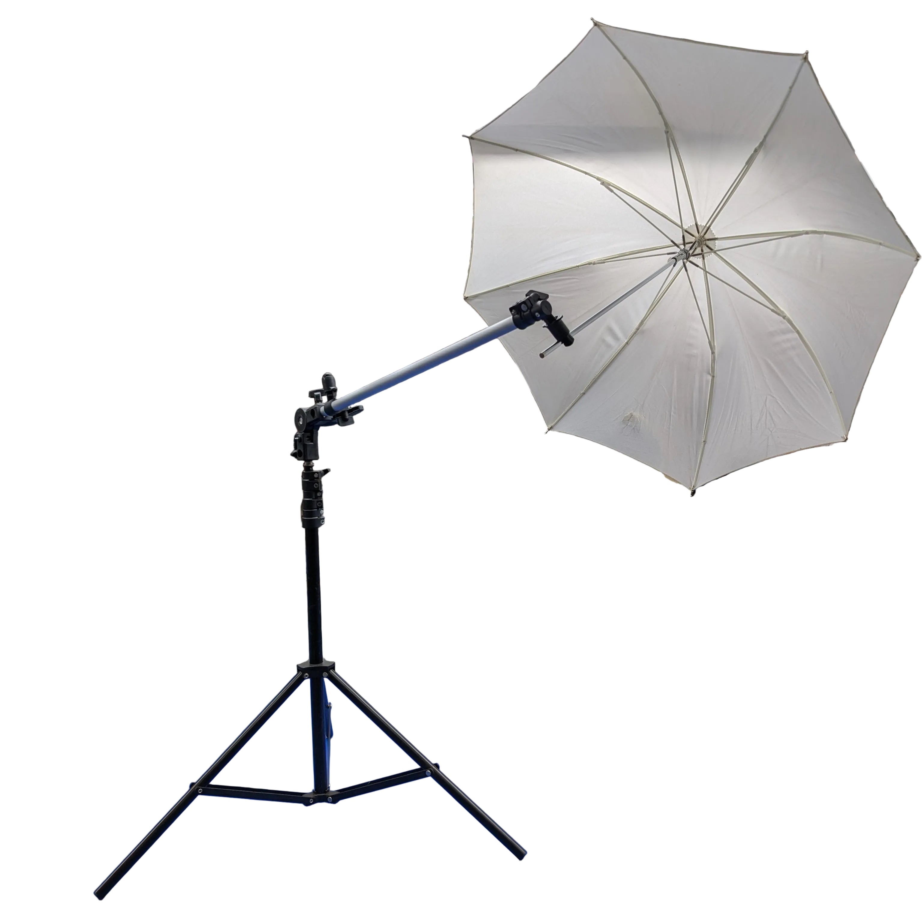 A white photography umbrella light on a black tripod stand.