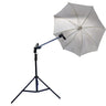 A white photography umbrella light on a black tripod stand.