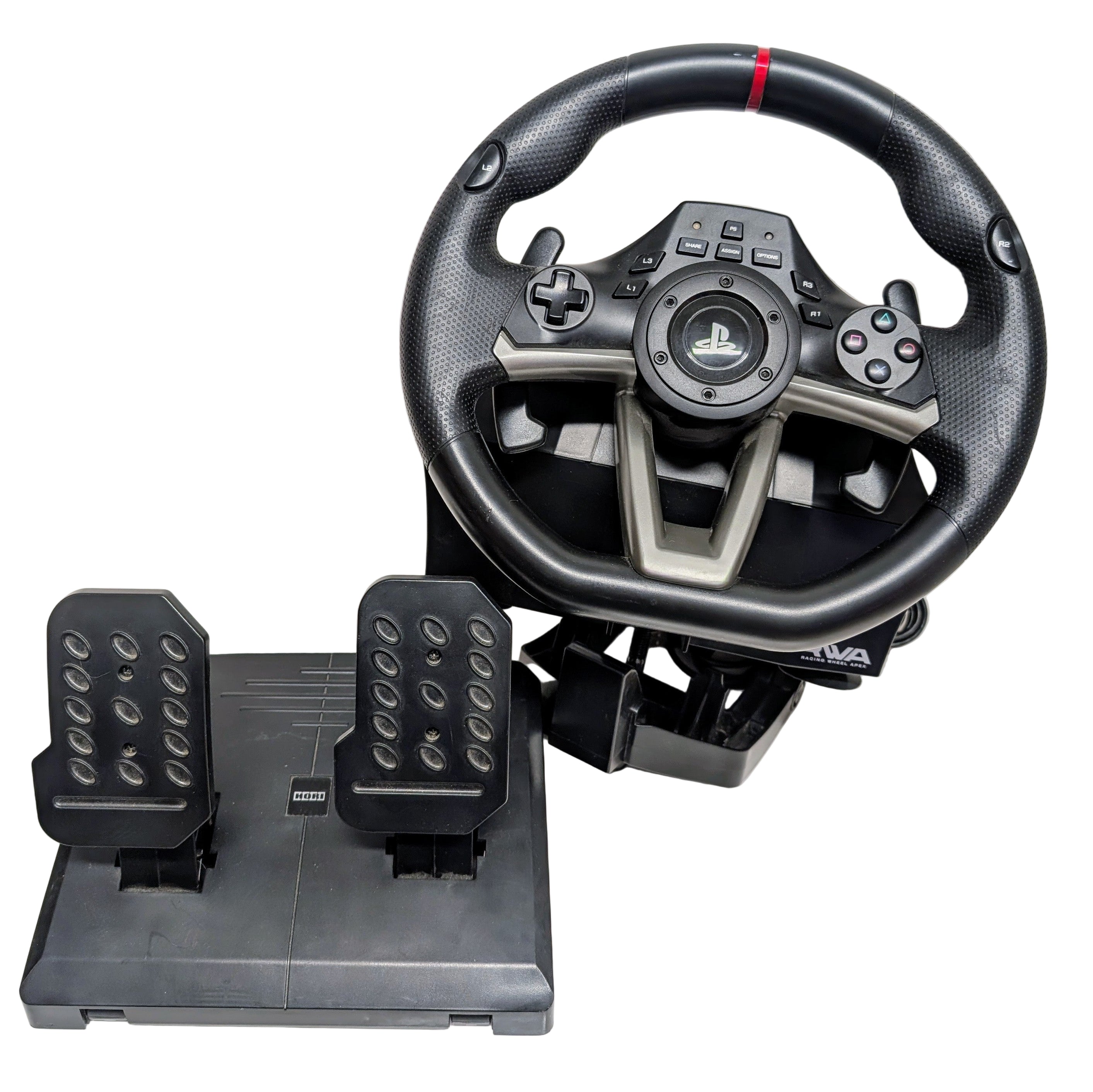 Gaming steering wheel and pedals set on a white surface