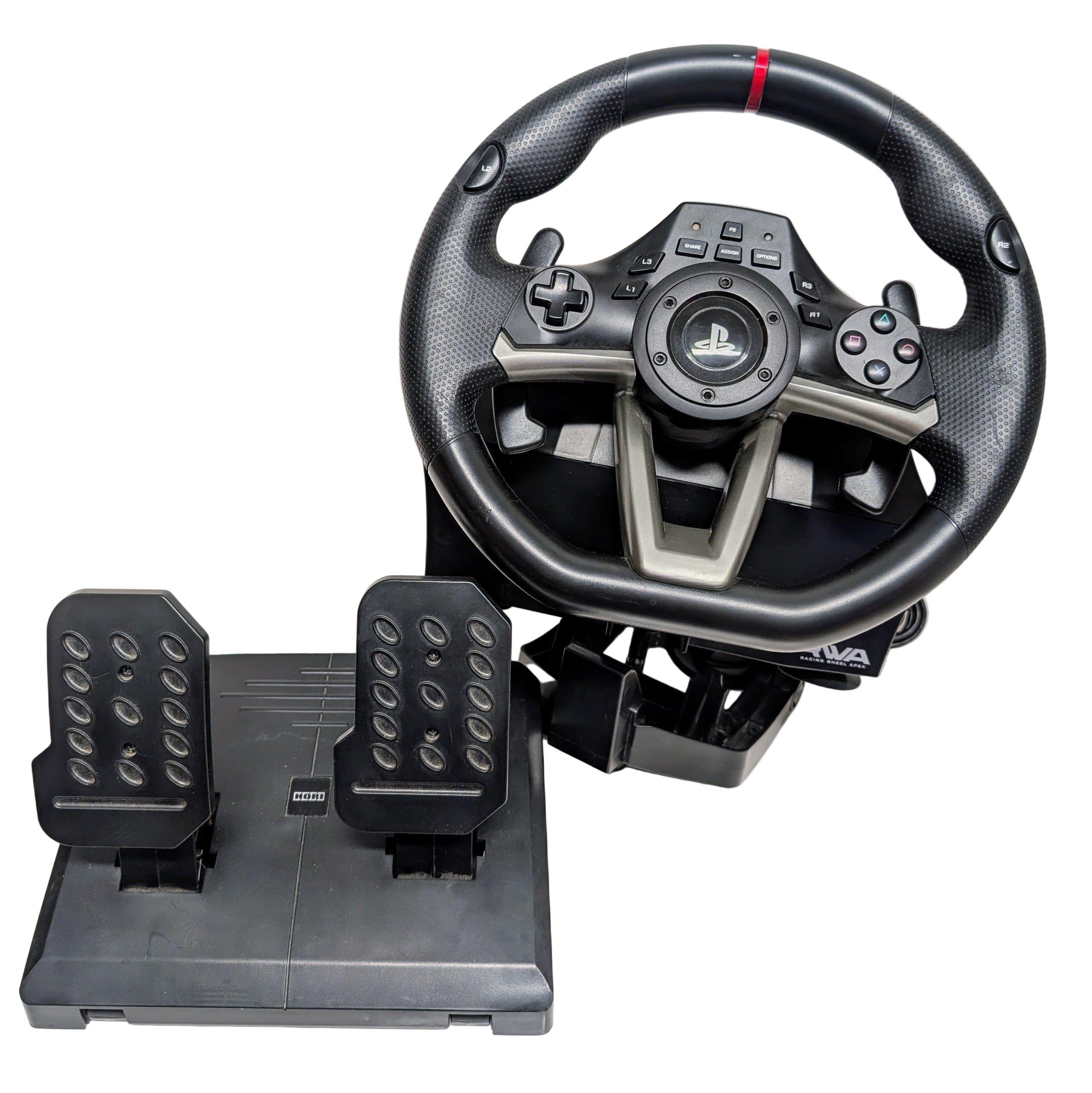 Gaming steering wheel and pedals set on a white surface