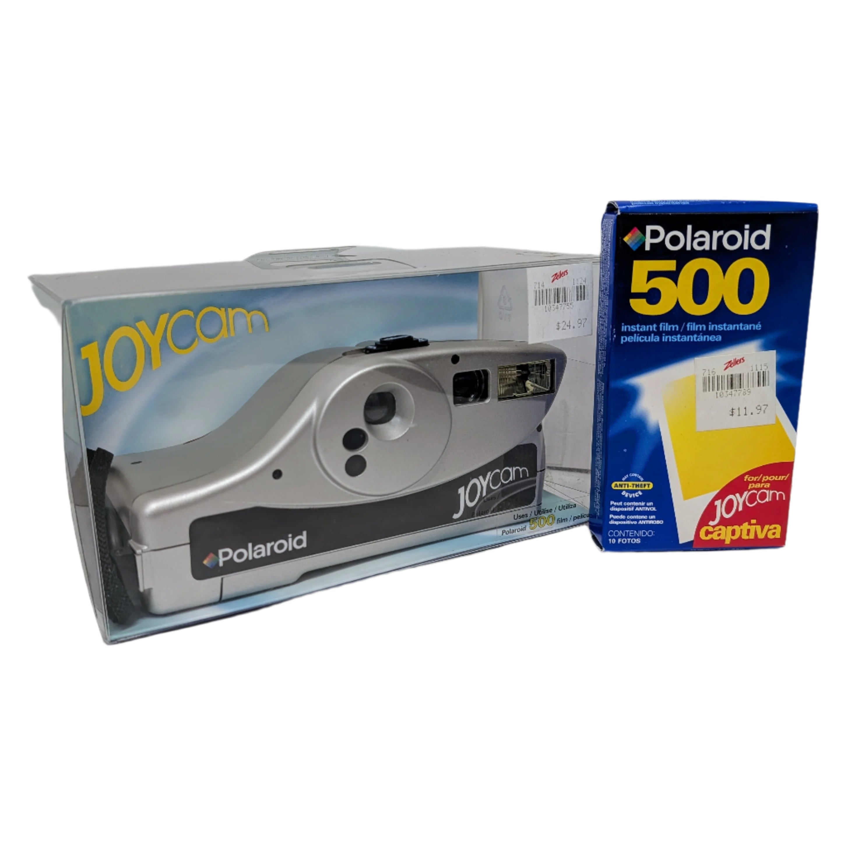 Polaroid 500 instant film box and Joycam camera packaging on a white background
