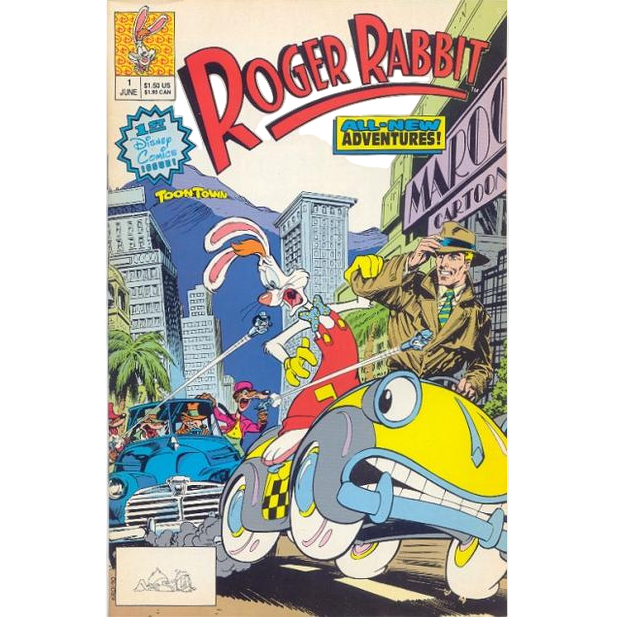 Comic book cover featuring cartoon characters and a cityscape