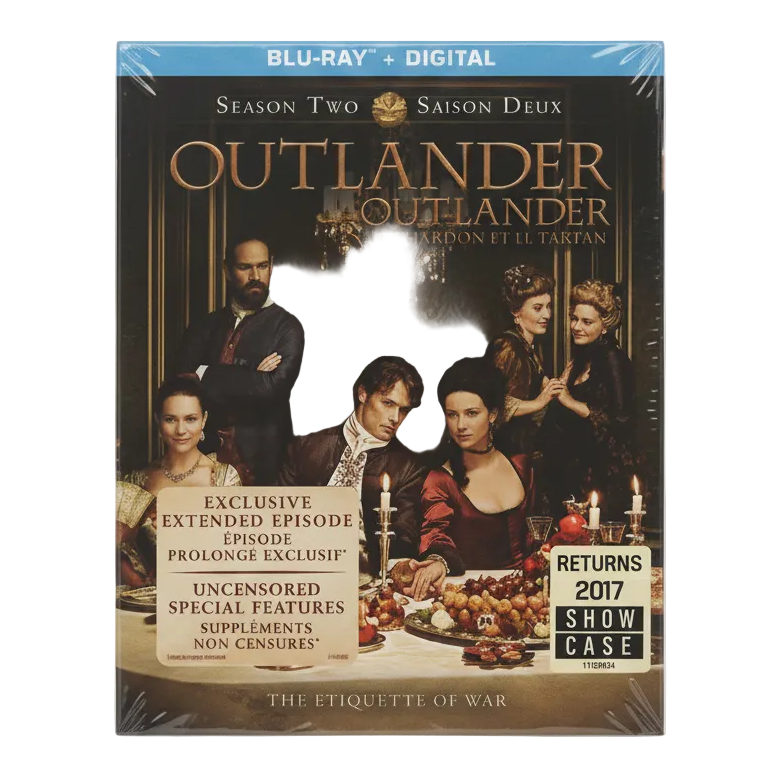 Blu-ray and digital copy of 'Outlander' Season Two on a gray background