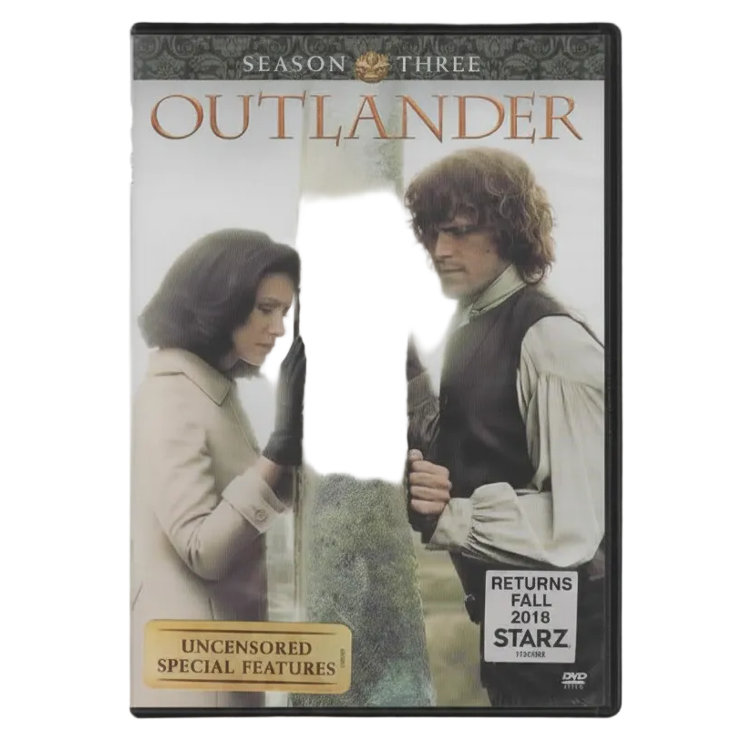 DVD cover of 'Outlander' Season Three on a gray background