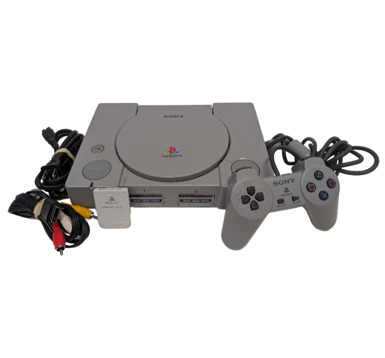 Sony PlayStation console with controller on a white background
