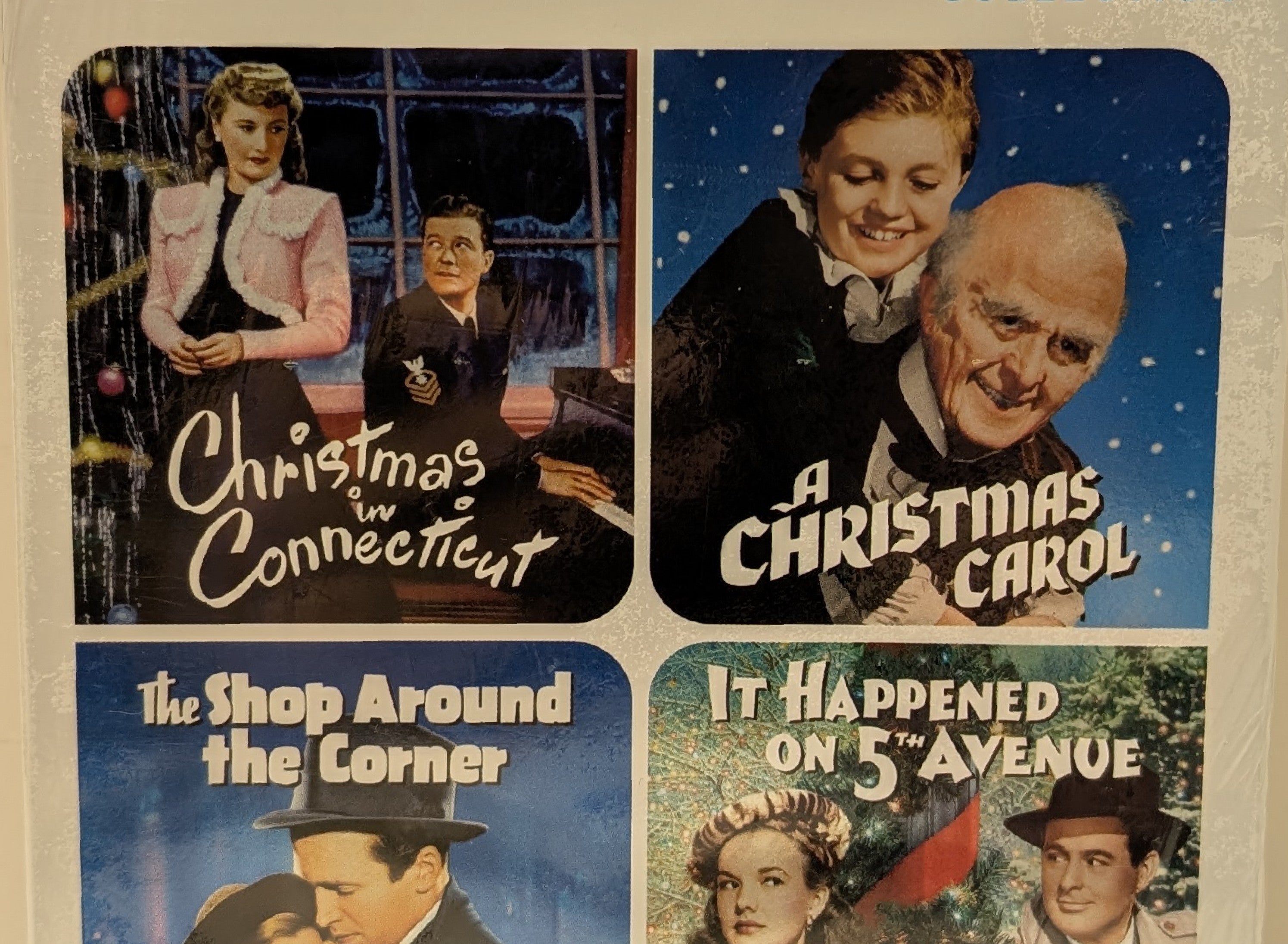 TCM Turner Classic Movies Greatest Classic Holiday Collection DVD box set featuring four vintage Christmas movie covers: 'Christmas in Connecticut', 'A Christmas Carol', 'The Shop Around the Corner', and 'It Happened on 5th Avenue'.