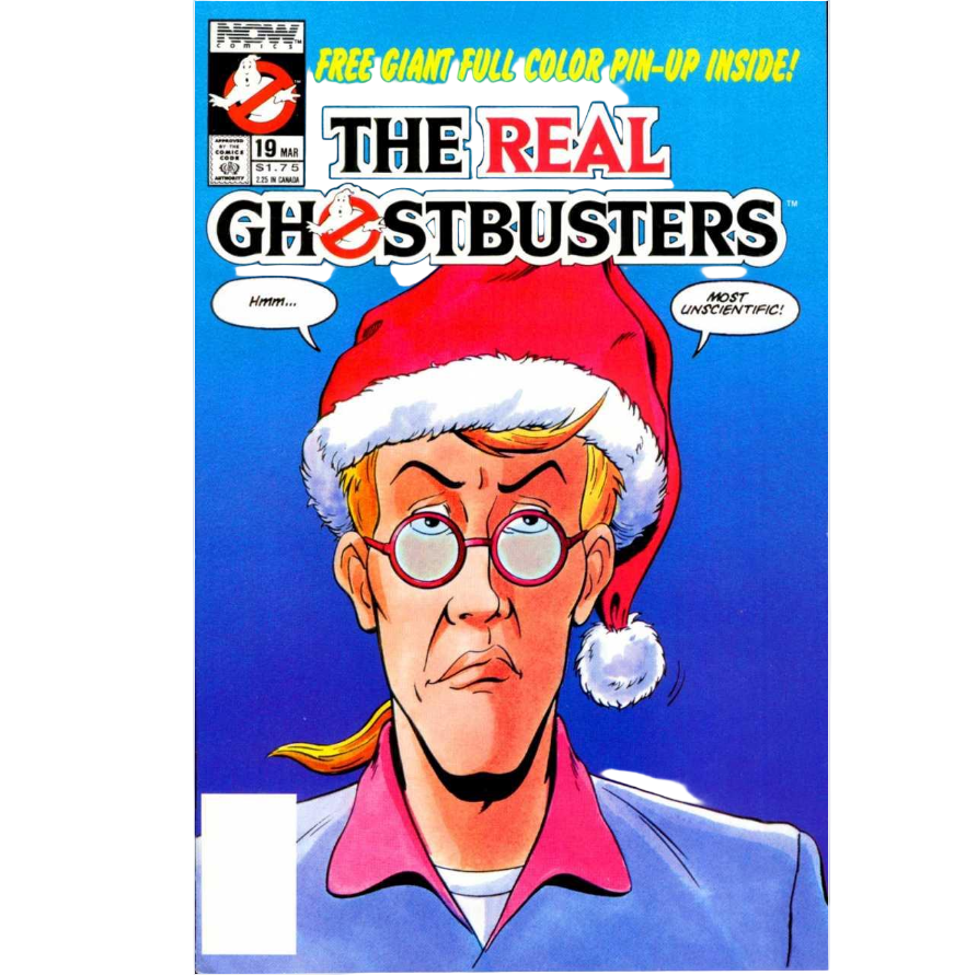 Comic book cover featuring a character from 'The Real Ghostbusters' wearing a Santa hat.