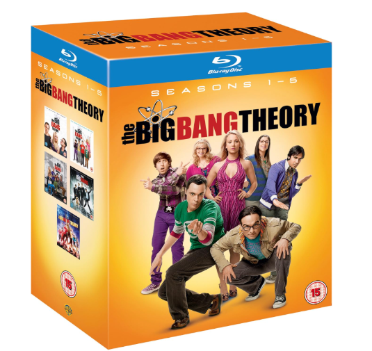 Blu-ray box set of 'The Big Bang Theory' with character images on an orange background