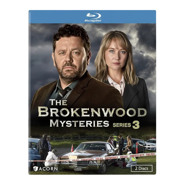 Blu-ray cover of 'The Brokenwood Mysteries Series 3' with two main characters and a crime scene background.